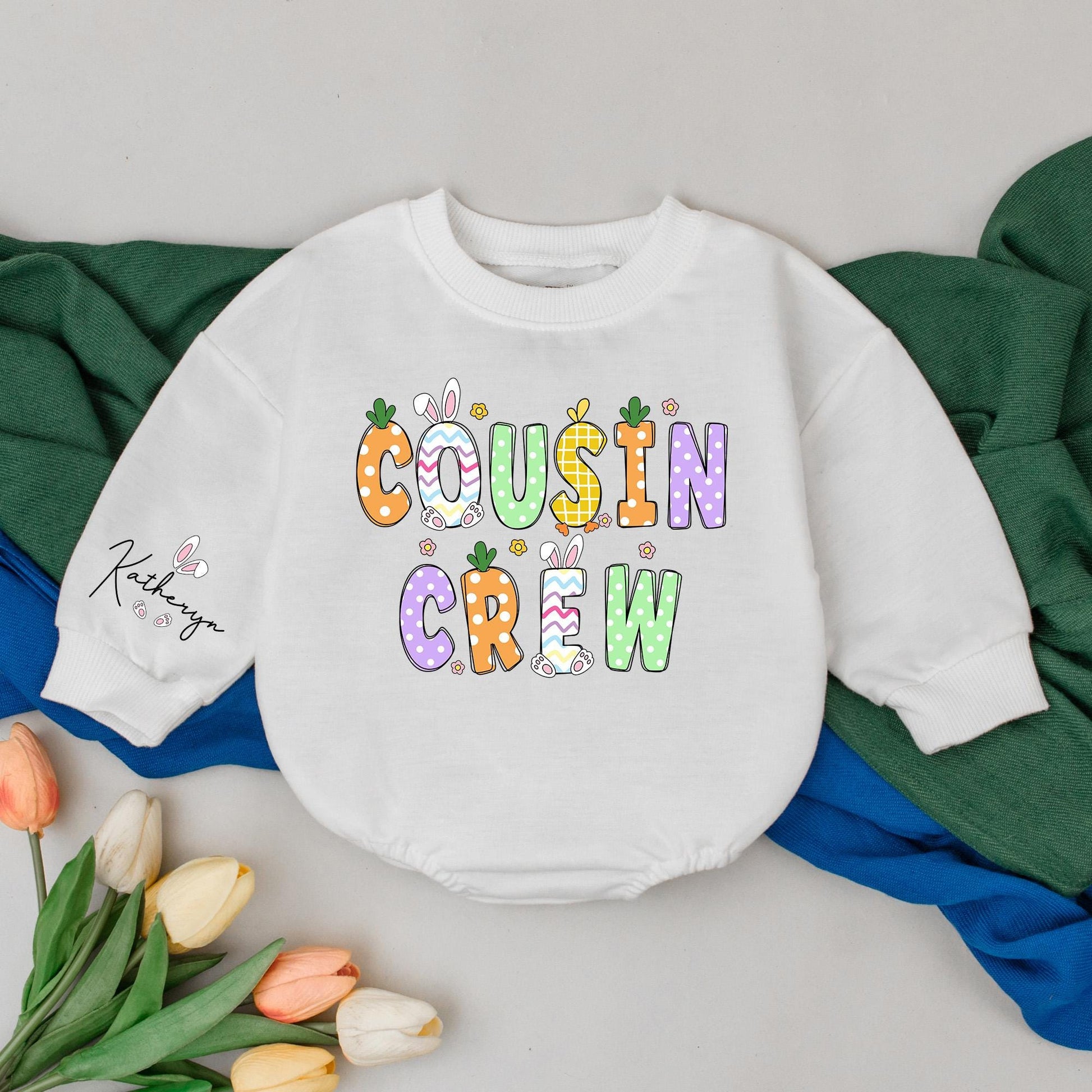 Playful Cousin Crew Easter Romper Personalized with Katheryn Name Floral Bunny Accents Matching Baby Outfit