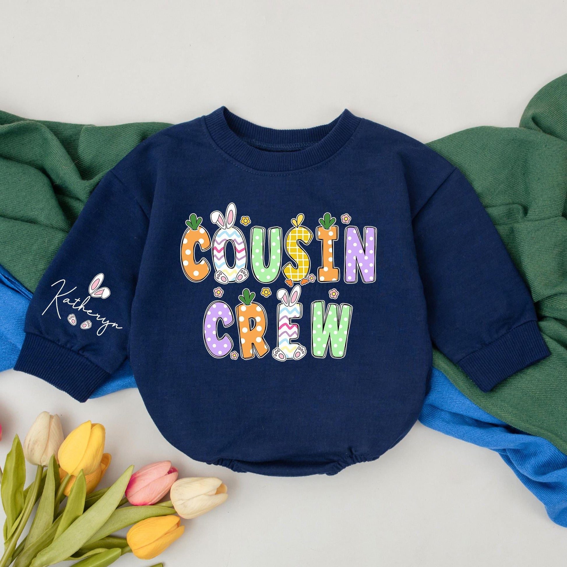 Playful Cousin Crew Easter Romper Personalized with Katheryn Name Floral Bunny Accents Matching Baby Outfit