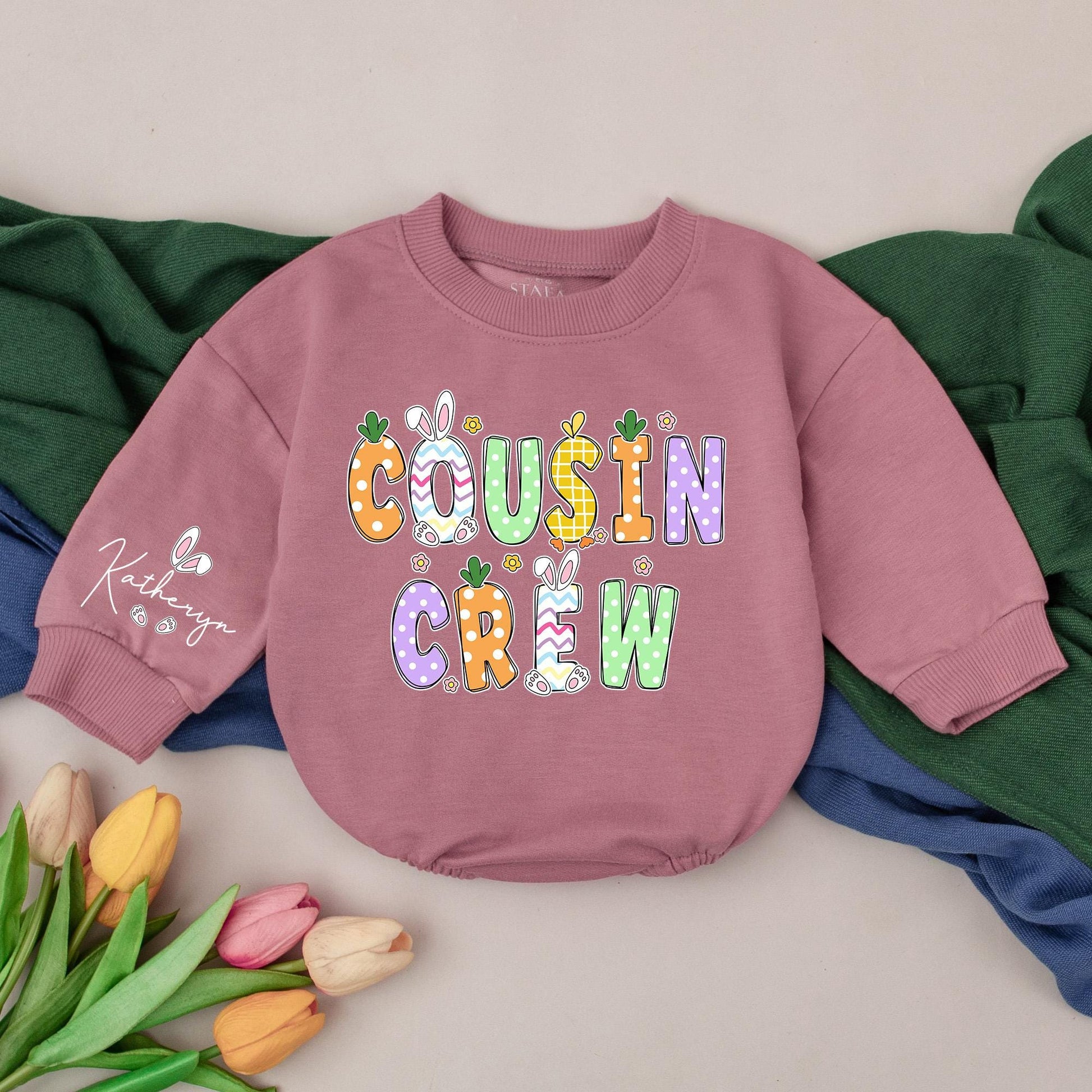 Playful Cousin Crew Easter Romper Personalized with Katheryn Name Floral Bunny Accents Matching Baby Outfit