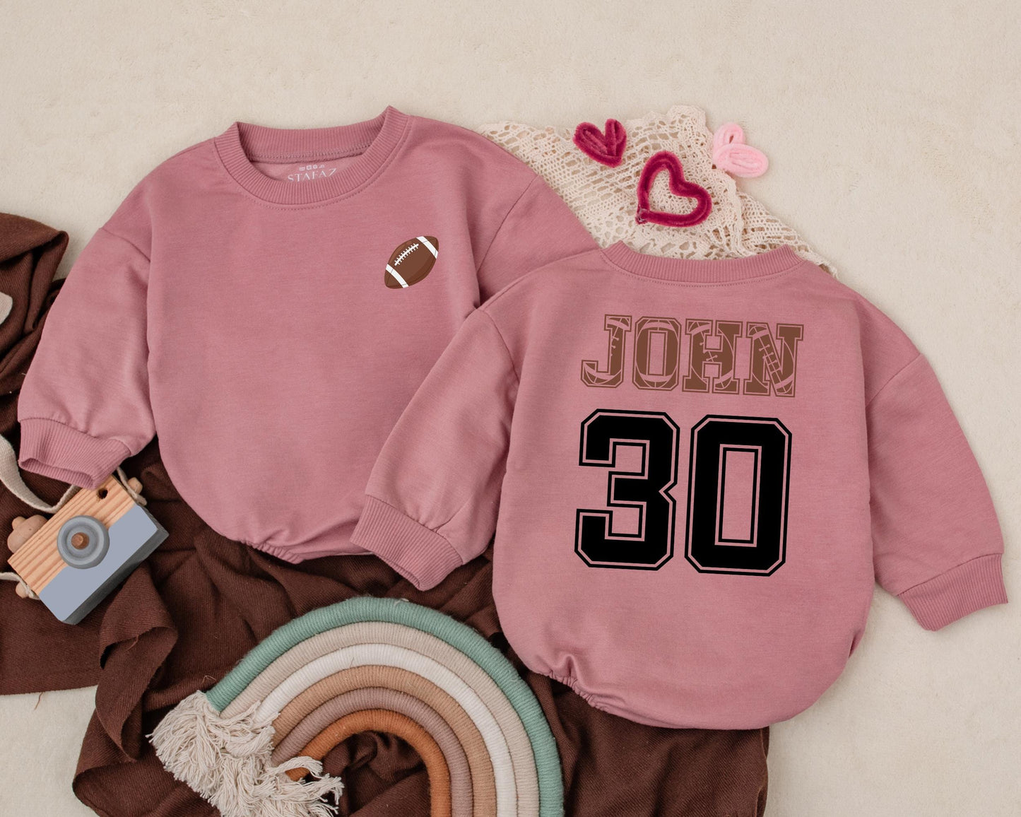Personalized Football First Down Romper Baby Bodysuit for Game Day or Sports Birthday Outfit