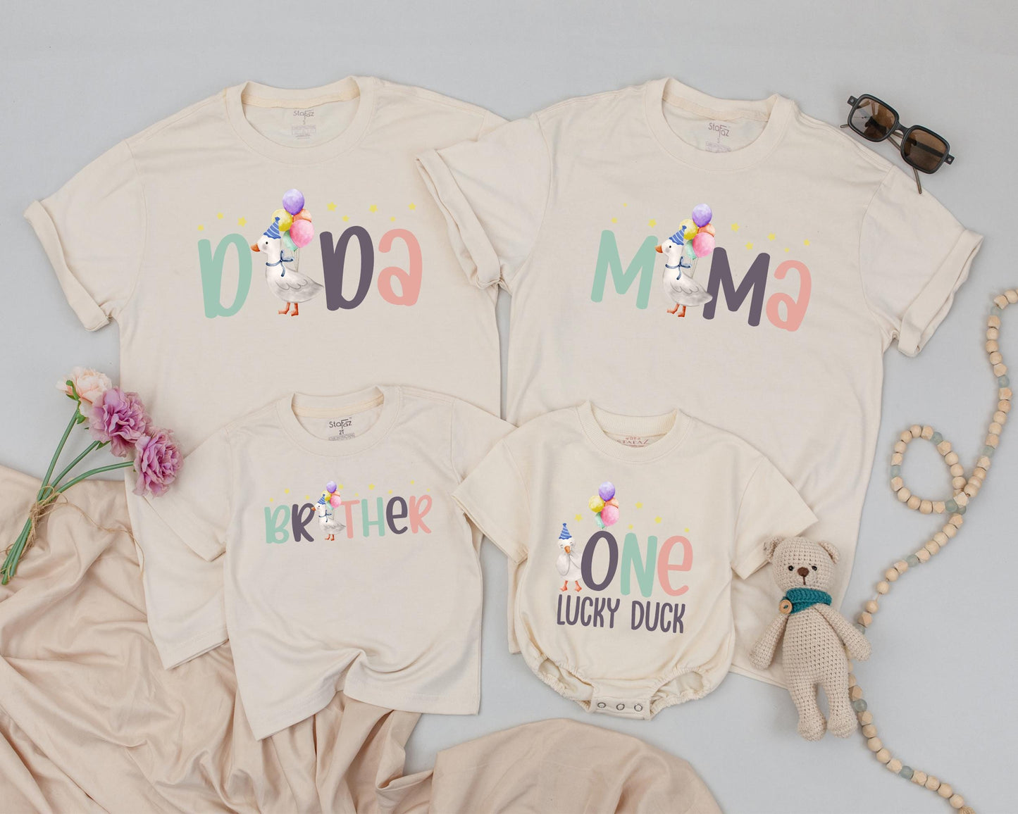 One Lucky Duck First Birthday Matching Family Shirts Pastel Duck Birthday Outfit Teal Peach Gray Baby Girl Party Tee Playful 1st Birthday Apparel