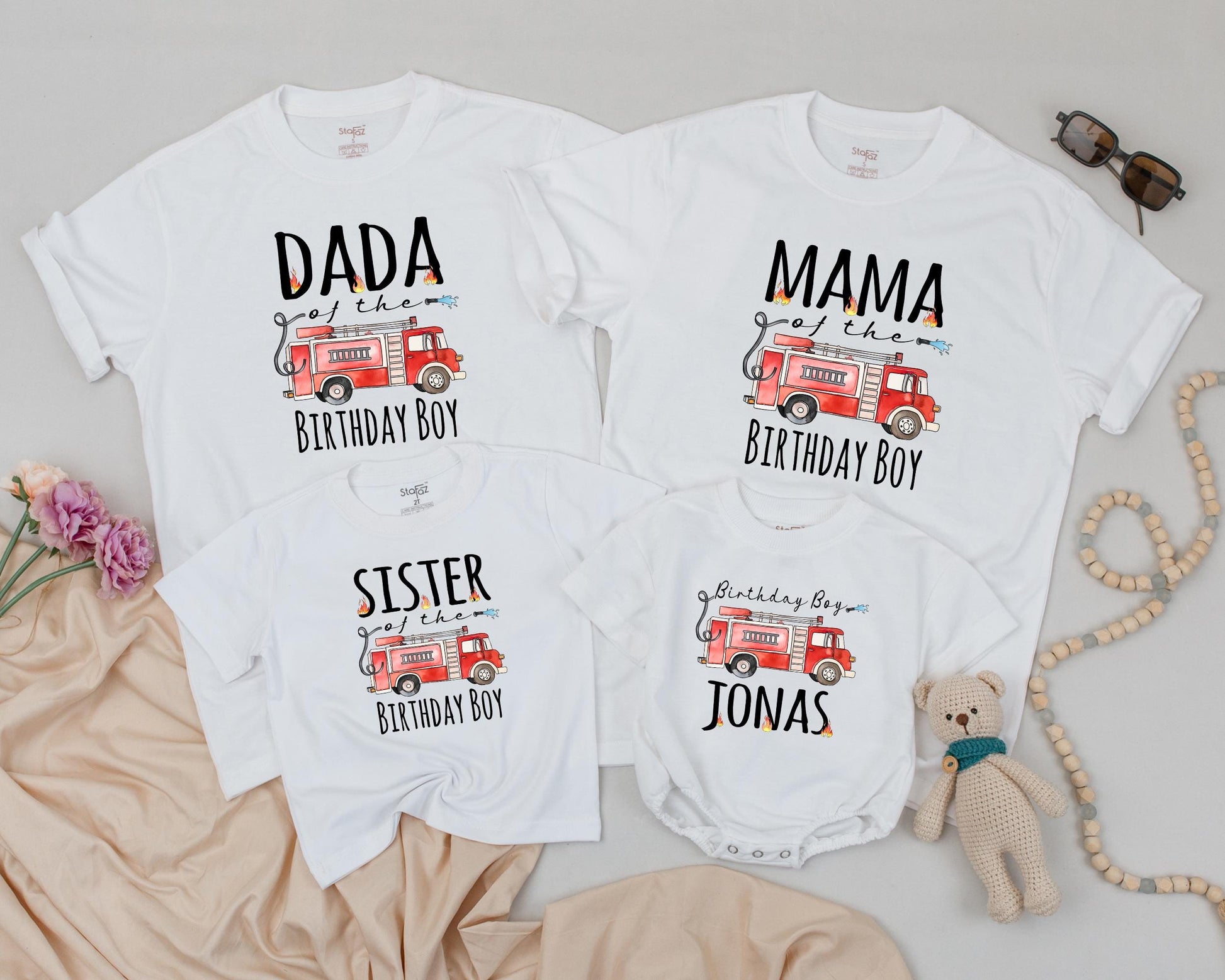 Custom Fire Truck Birthday Shirt for Boys First Birthday Firefighter Outfit Personalized Age Celebration Baby Clothes Fireman