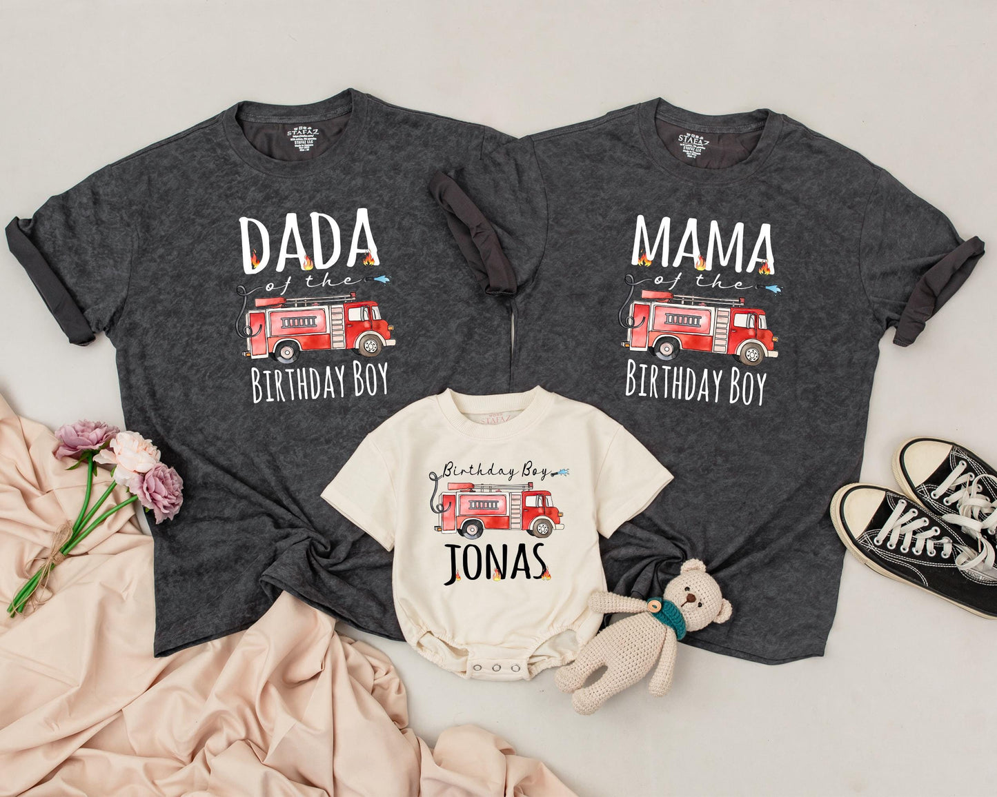 Custom Fire Truck Birthday Shirt for Boys First Birthday Firefighter Outfit Personalized Age Celebration Baby Clothes Fireman