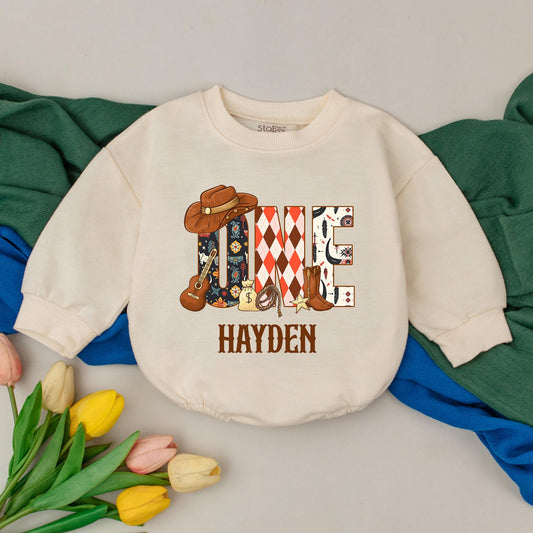 Hayden's 1st Rodeo Birthday Romper: Western ONE Design with Cowboy Hat, Boots & Sheriff Star, Personalized Baby Boy Outfit