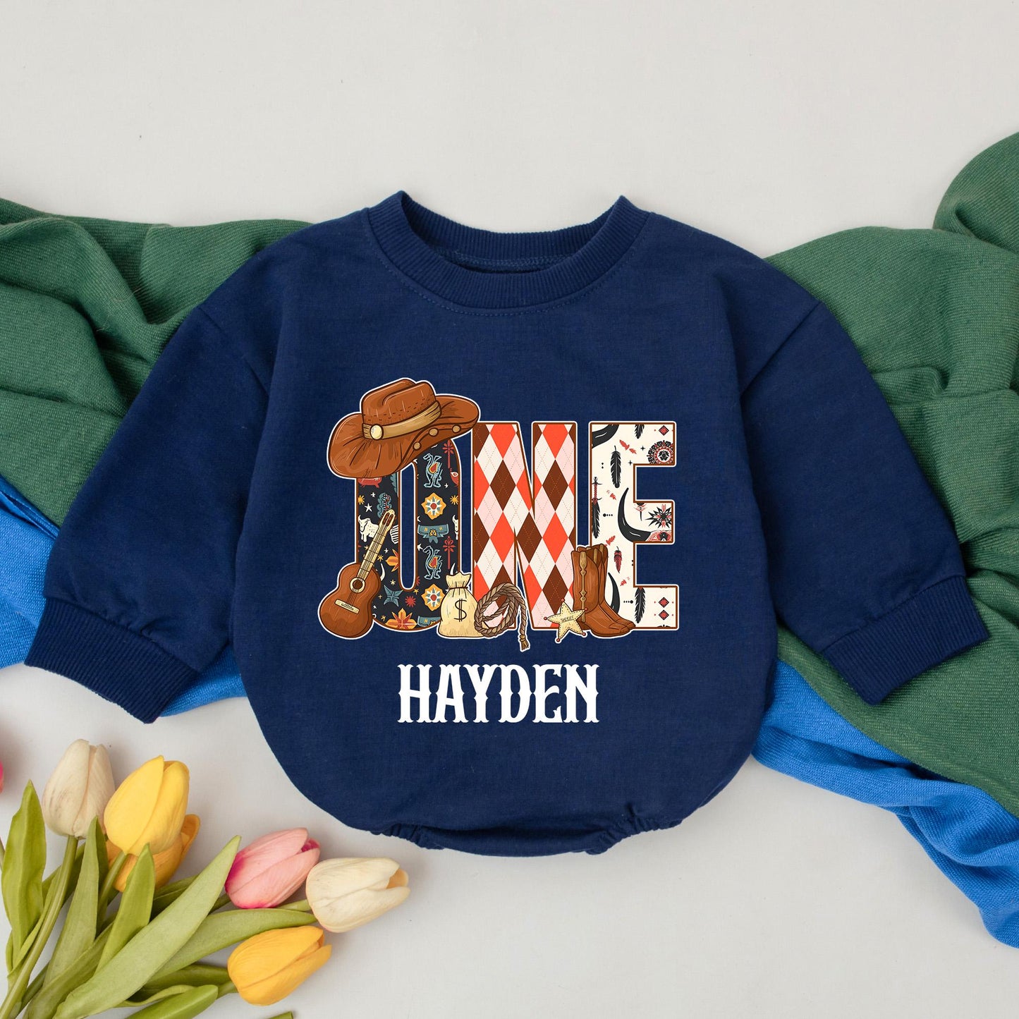 Hayden's 1st Rodeo Birthday Romper: Western ONE Design with Cowboy Hat, Boots & Sheriff Star, Personalized Baby Boy Outfit