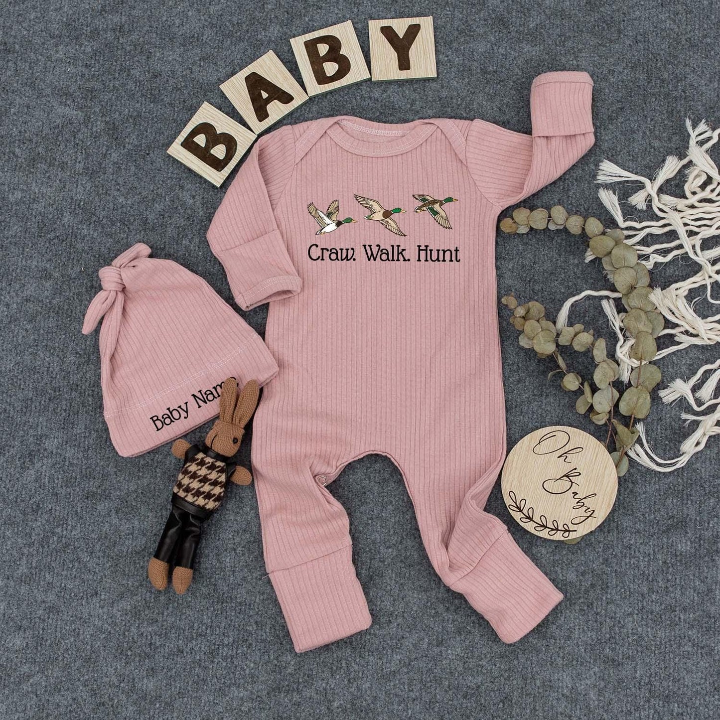 Craw Walk Hunt Baby Bodysuit & Hat Set: Duck Hunting Newborn Outfit, Personalized Baby Shower Gift, New Baby Clothes
