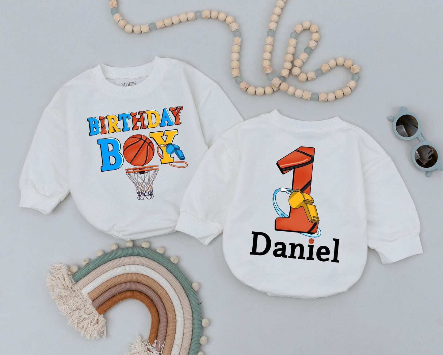 Custom Basketball Birthday Romper for Baby Boy Personalized First Birthday Outfit Game Day Sports Theme Bodysuit