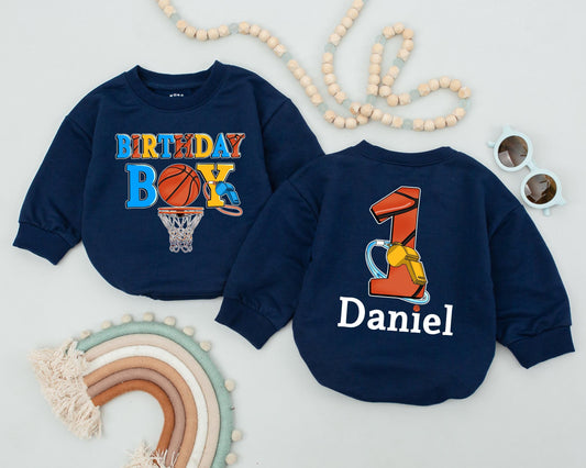 Custom Basketball Birthday Romper for Baby Boy Personalized First Birthday Outfit Game Day Sports Theme Bodysuit