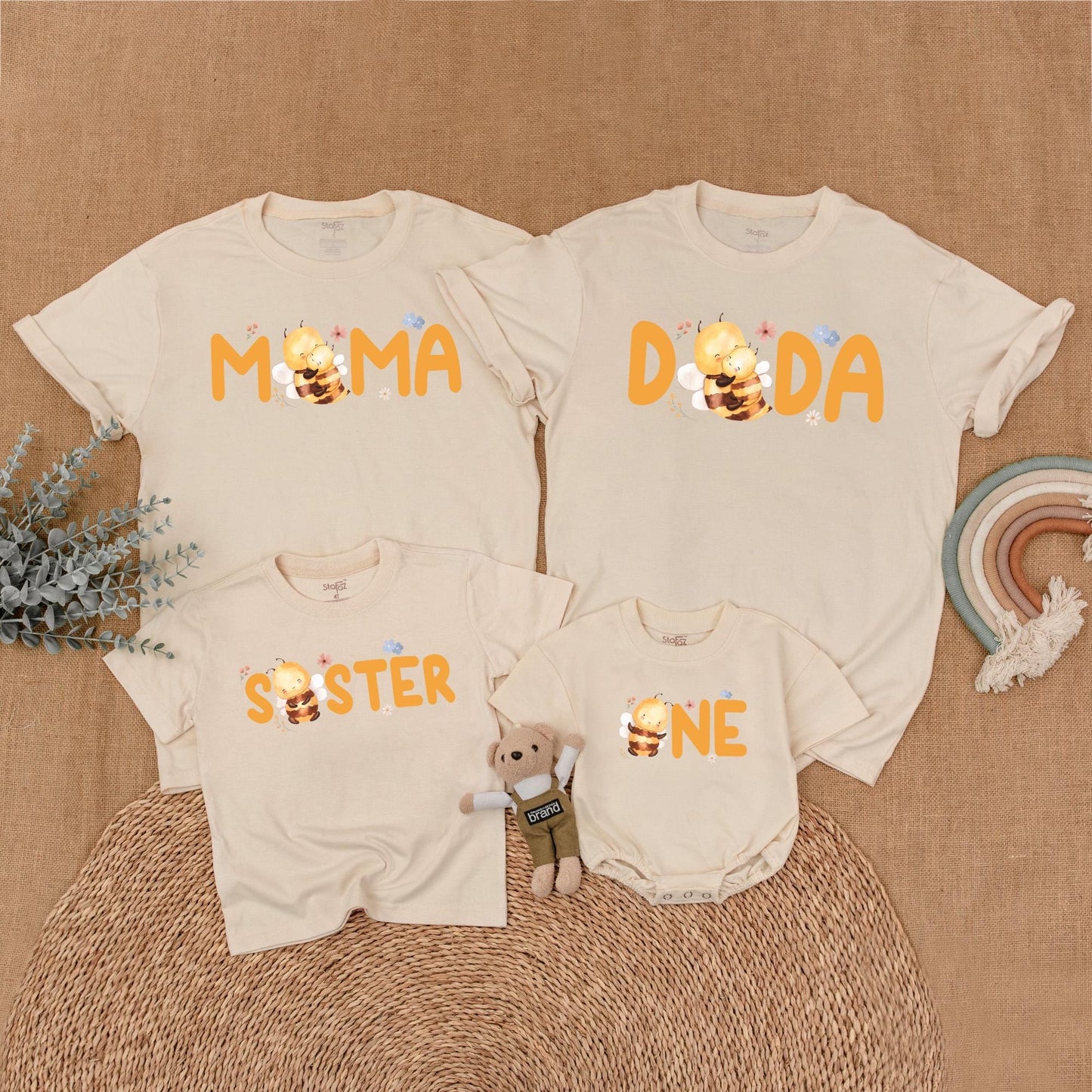 Matching Family Bee First Birthday Outfits for Baby Girl and Parents Sweet Bee Day Party Shirts Comfortable Romper Gift Set