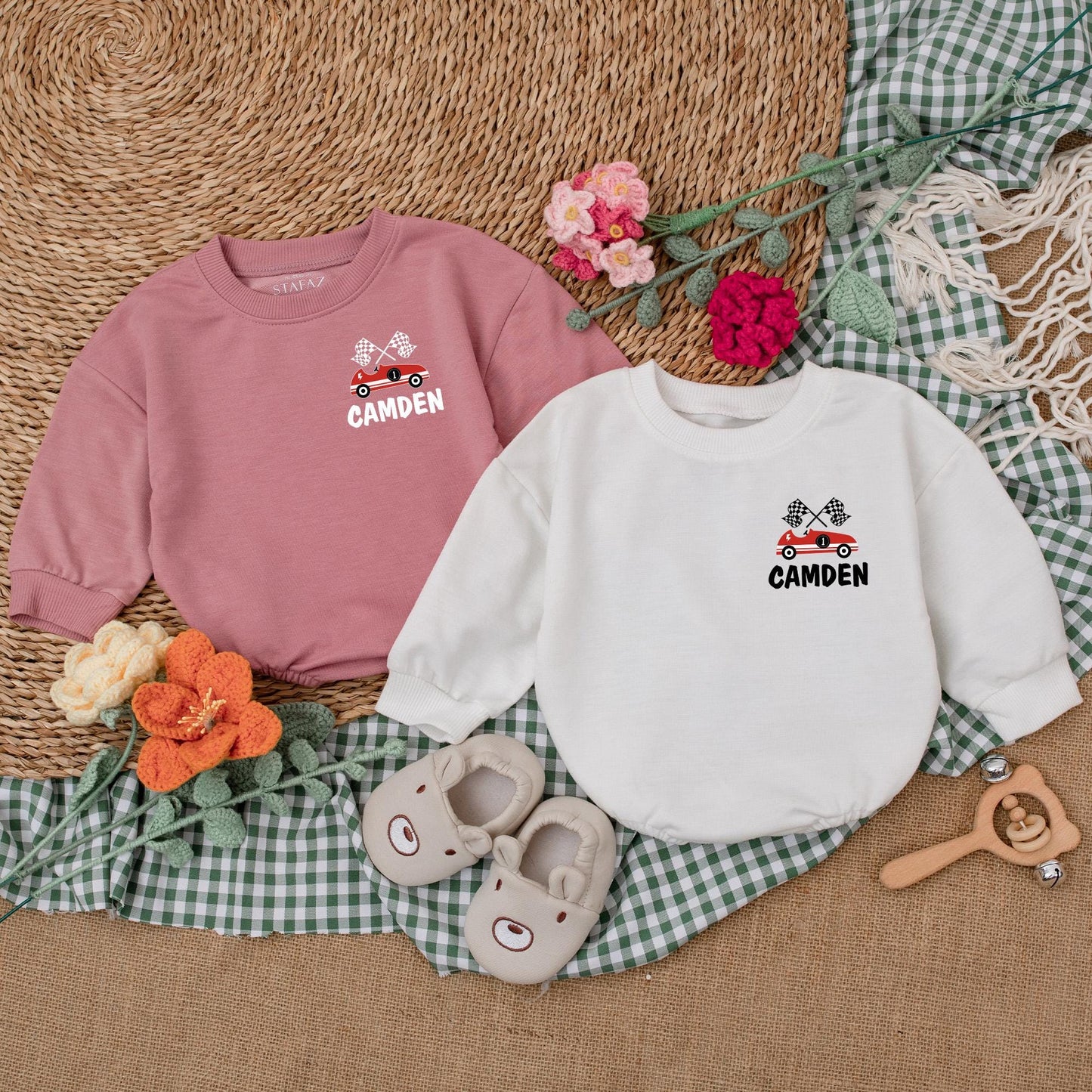 Fast One Birthday Romper Boys Racecar Theme Bubble Bodysuit First Birthday Outfit Custom Name Welcome to the 1 Year Old Club