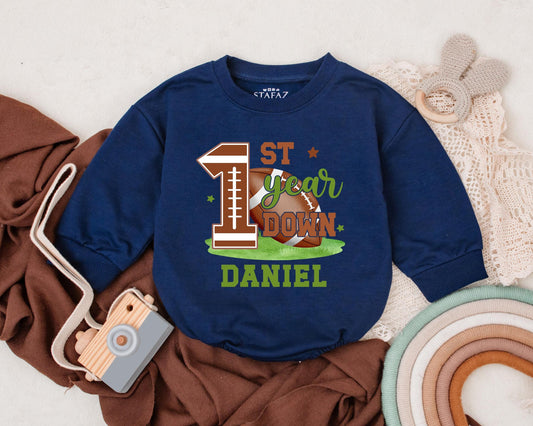 Football 1st Birthday Romper Baby Boy Outfit | Personalized Game Day Newborn Bodysuit First Down Clothes