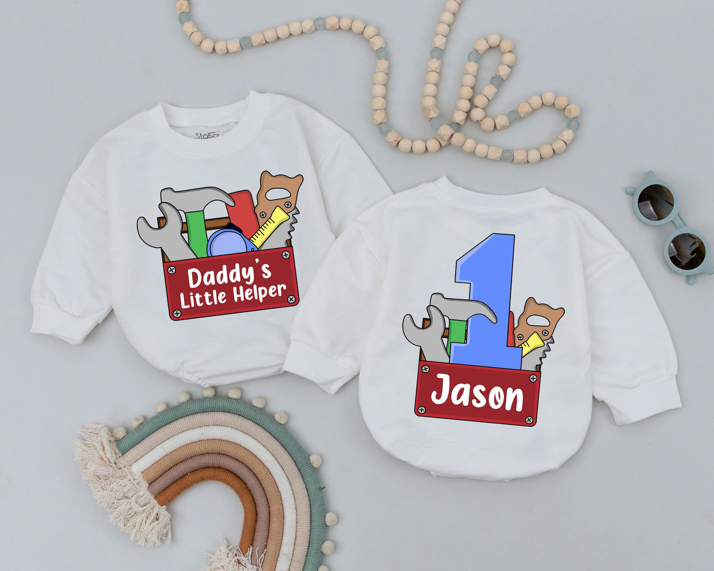 Personalized Daddy's Little Helper Baby Romper with Name First Birthday Father's Day Bodysuit Newborn Daddy's Boy Construction Outfit