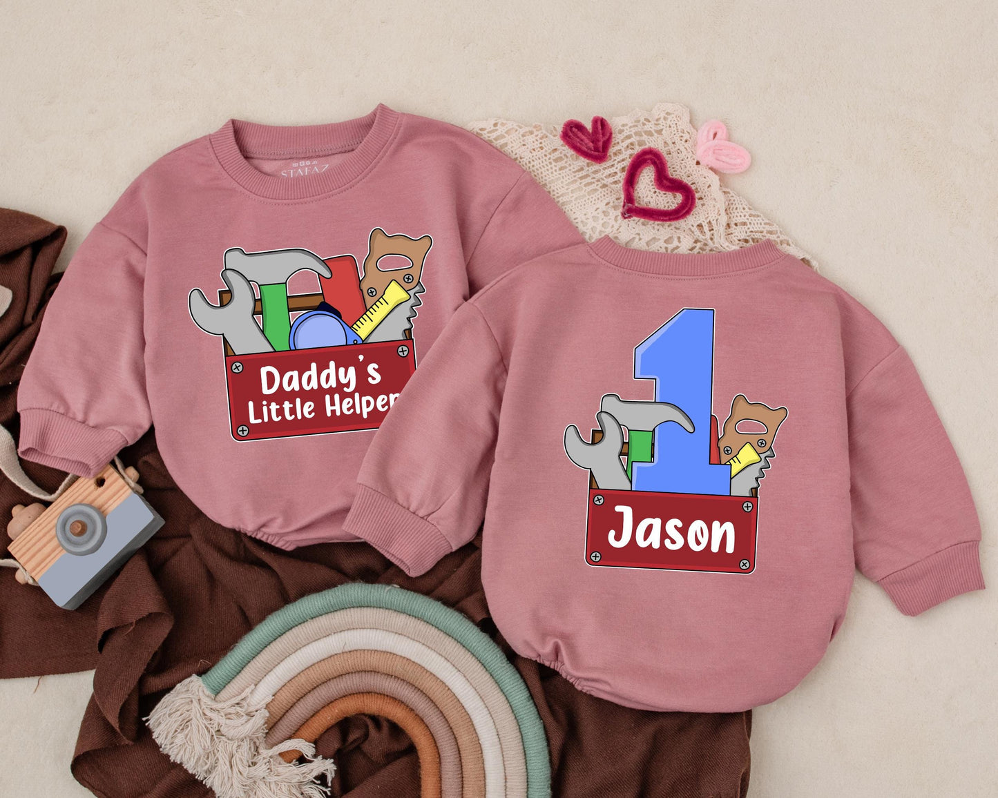 Personalized Daddy's Little Helper Baby Romper with Name First Birthday Father's Day Bodysuit Newborn Daddy's Boy Construction Outfit