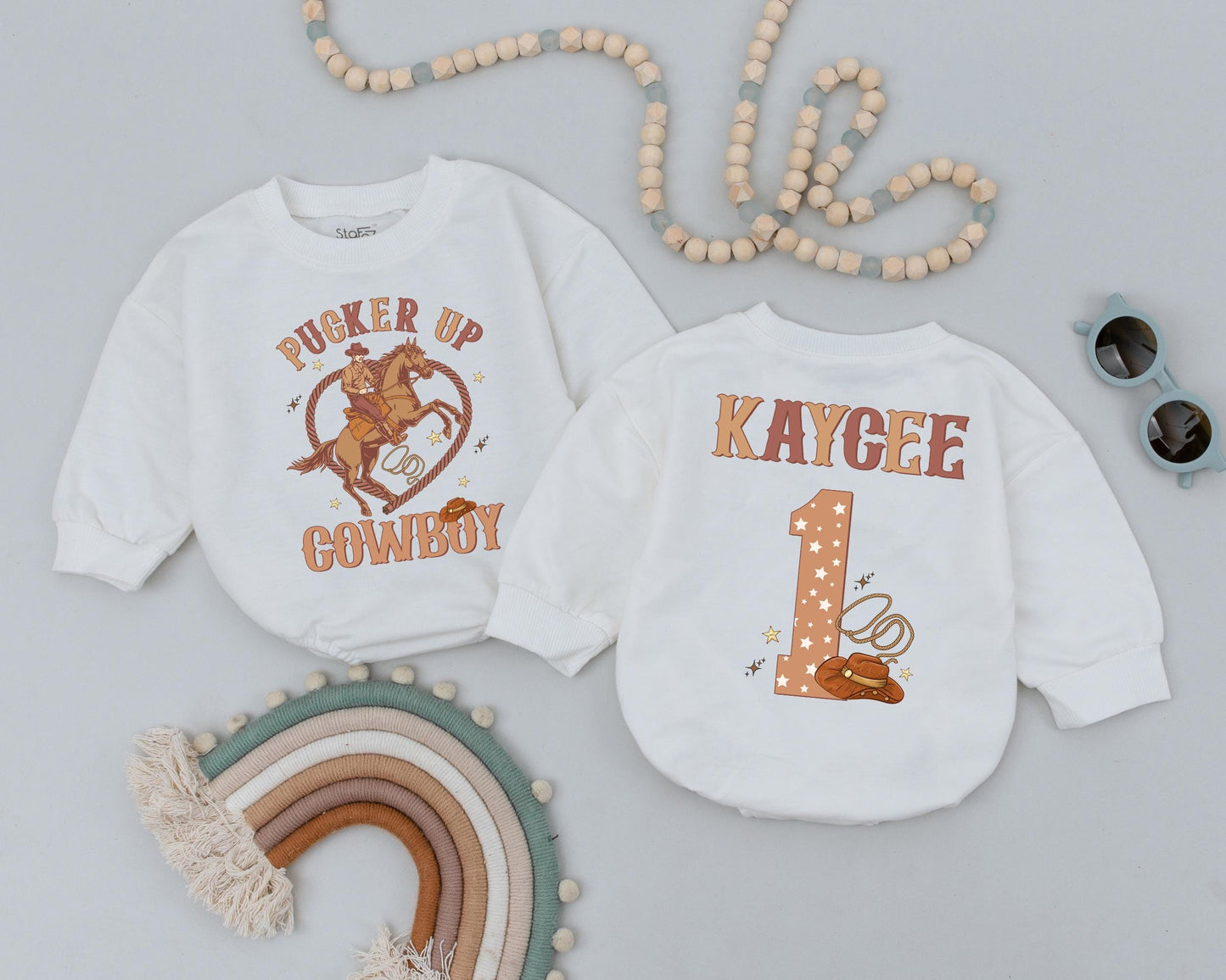 Pucker Up Cowboy Personalized Name Romper Western Baby Boy 1st Birthday Outfit Retro Cowboy Bodysuit Baby Shower Gift