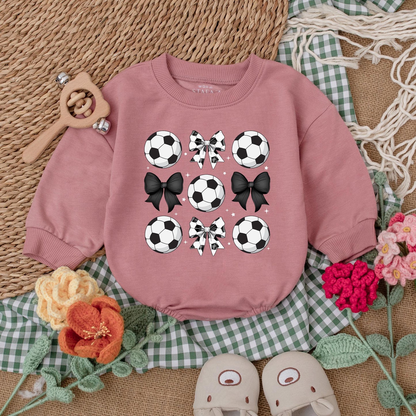 Cute Vintage Soccer Bow Baby Girl Romper Soft Gameday Outfit Bodysuit Clothes for Game Day Season Baby Shower Gift