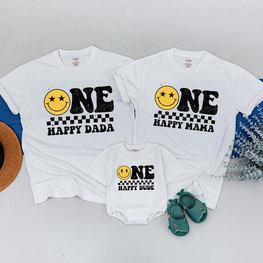 One Happy Dude 1st Birthday Family Matching Shirts Cute Smiley Face Design for Boys & Girls Toddler Baby Celebration Outfit