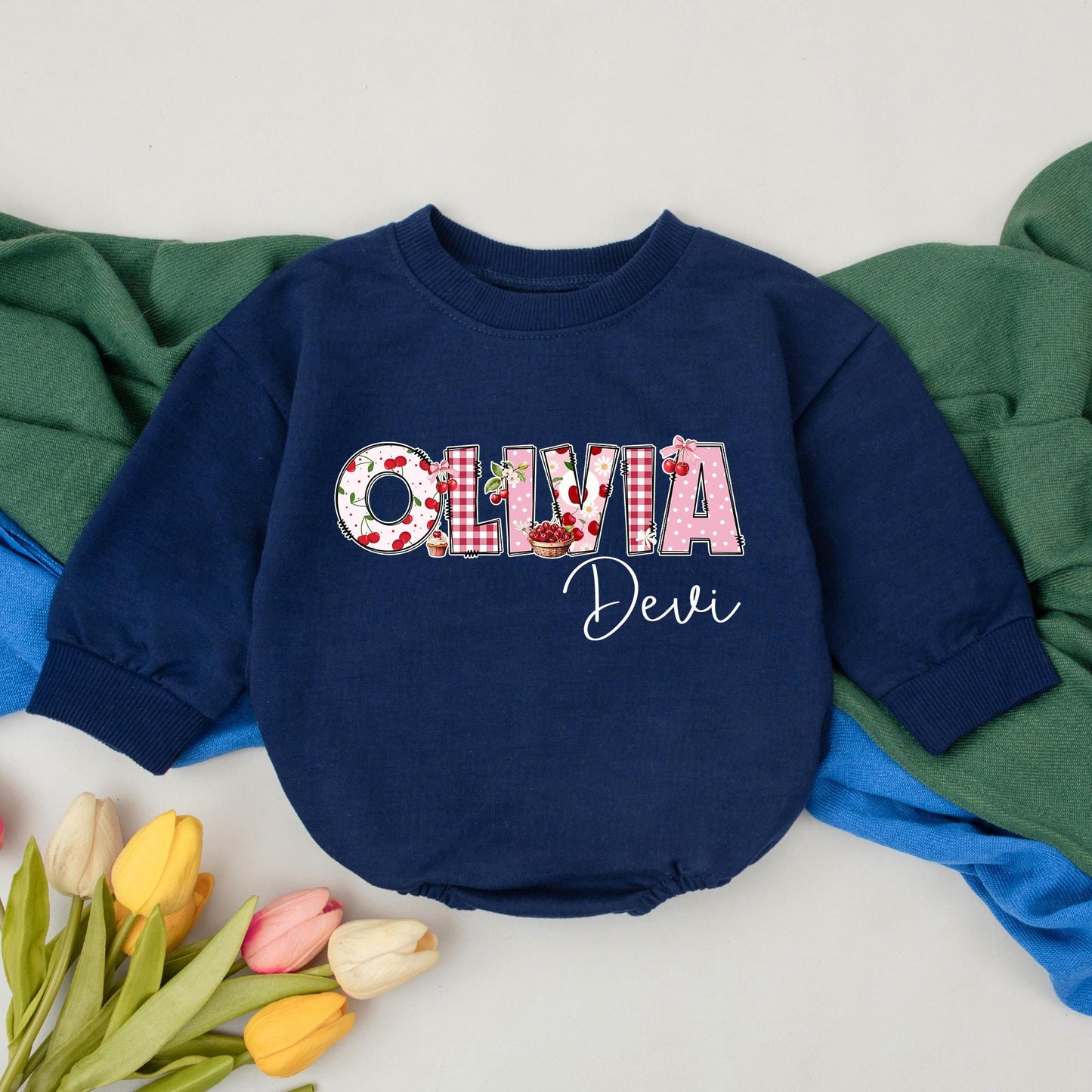Personalized Cherry Baby Romper, Custom Name Infant Bodysuit, Cute Girl Outfit, First Birthday Gift, Sweet Cherries, Soft Cotton Clothes (134 chars)