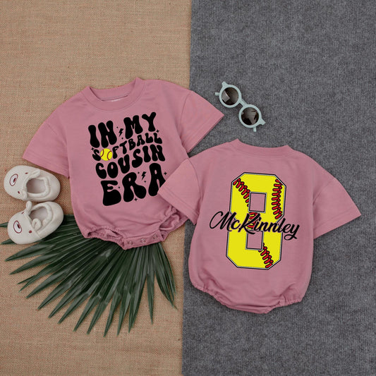 In My Softball Cousin Era Bubble Romper – Cute Softball Baby Outfit – Perfect for Softball Fans & Cousin Bond – Personalized Baby Romper