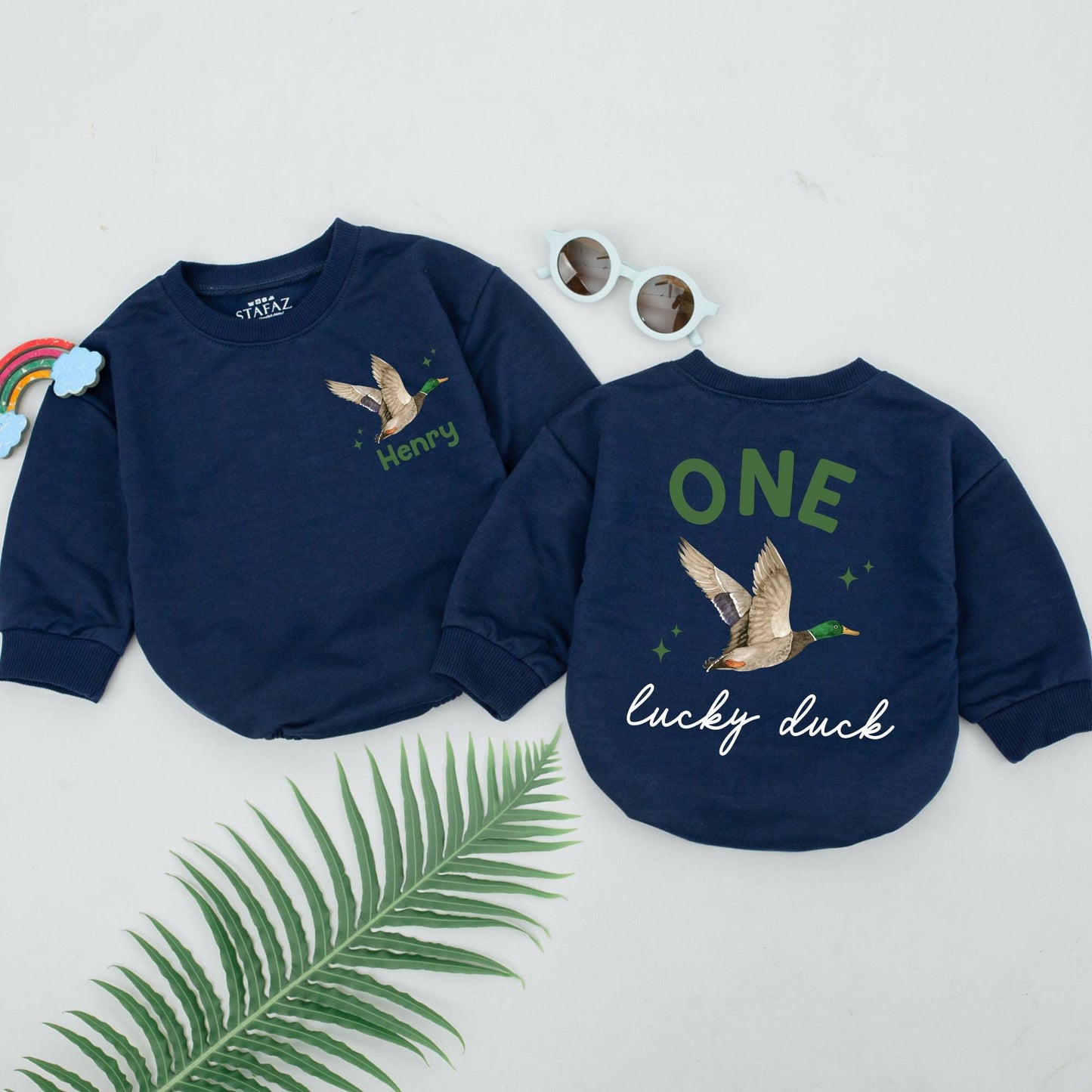 Personalized One Lucky Duck 1st Birthday Romper Boy Wild One Watercolor Flying Duck Design Green Orange Brown Stars Custom Name Option