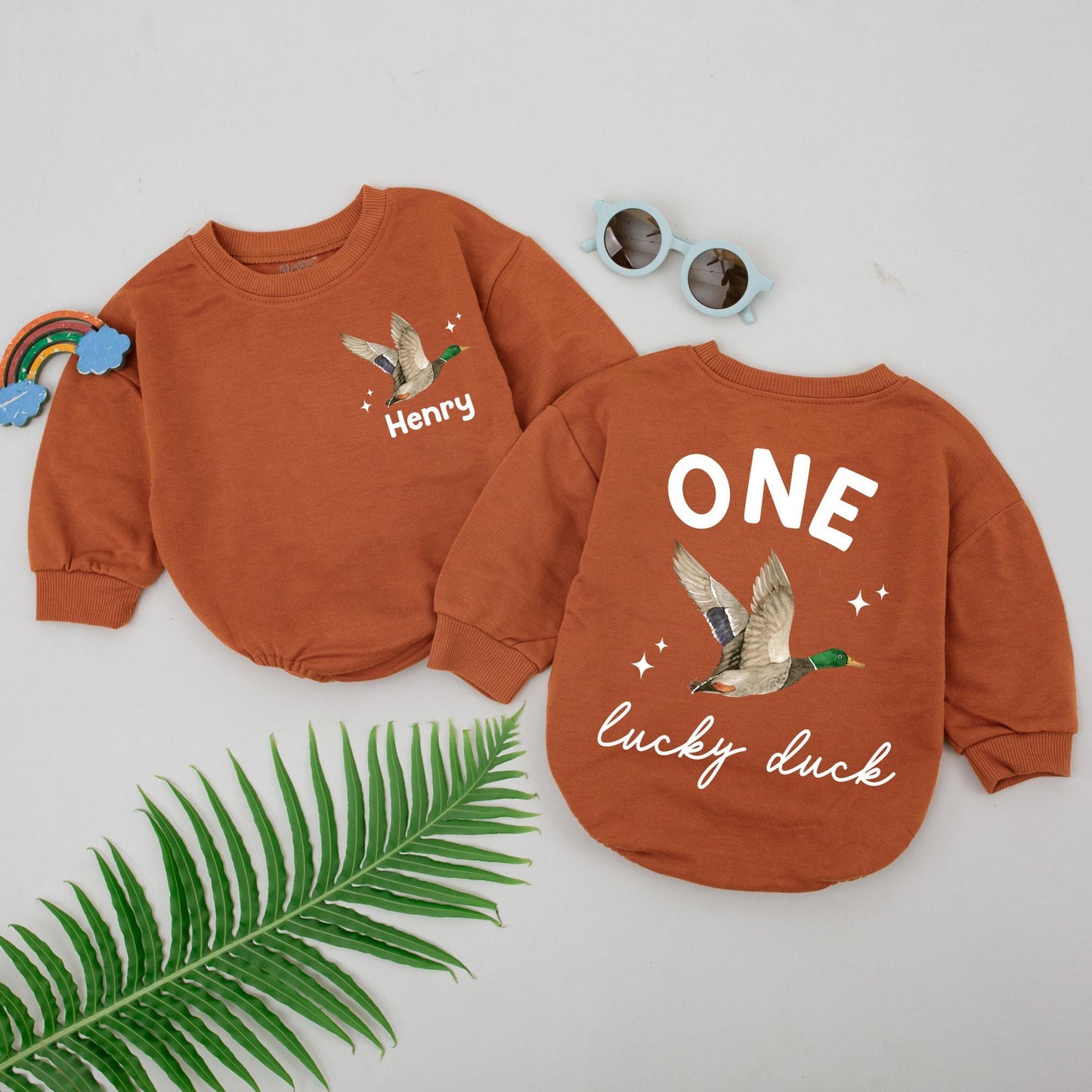 Personalized One Lucky Duck 1st Birthday Romper Boy Wild One Watercolor Flying Duck Design Green Orange Brown Stars Custom Name Option