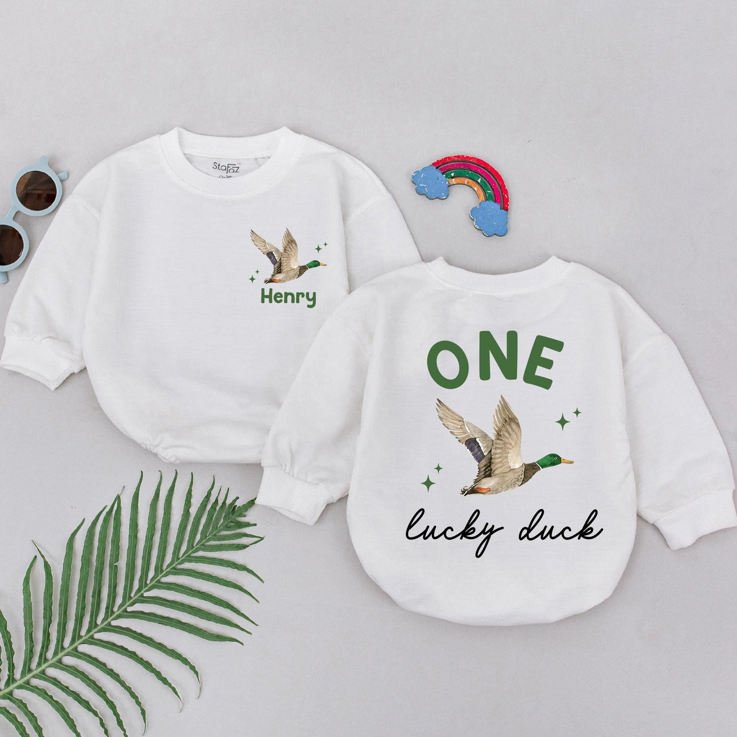 Personalized One Lucky Duck 1st Birthday Romper Boy Wild One Watercolor Flying Duck Design Green Orange Brown Stars Custom Name Option