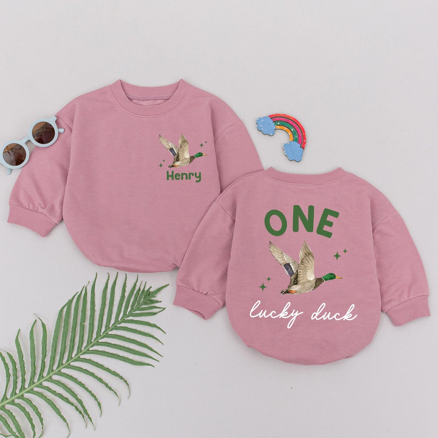 Personalized One Lucky Duck 1st Birthday Romper Boy Wild One Watercolor Flying Duck Design Green Orange Brown Stars Custom Name Option