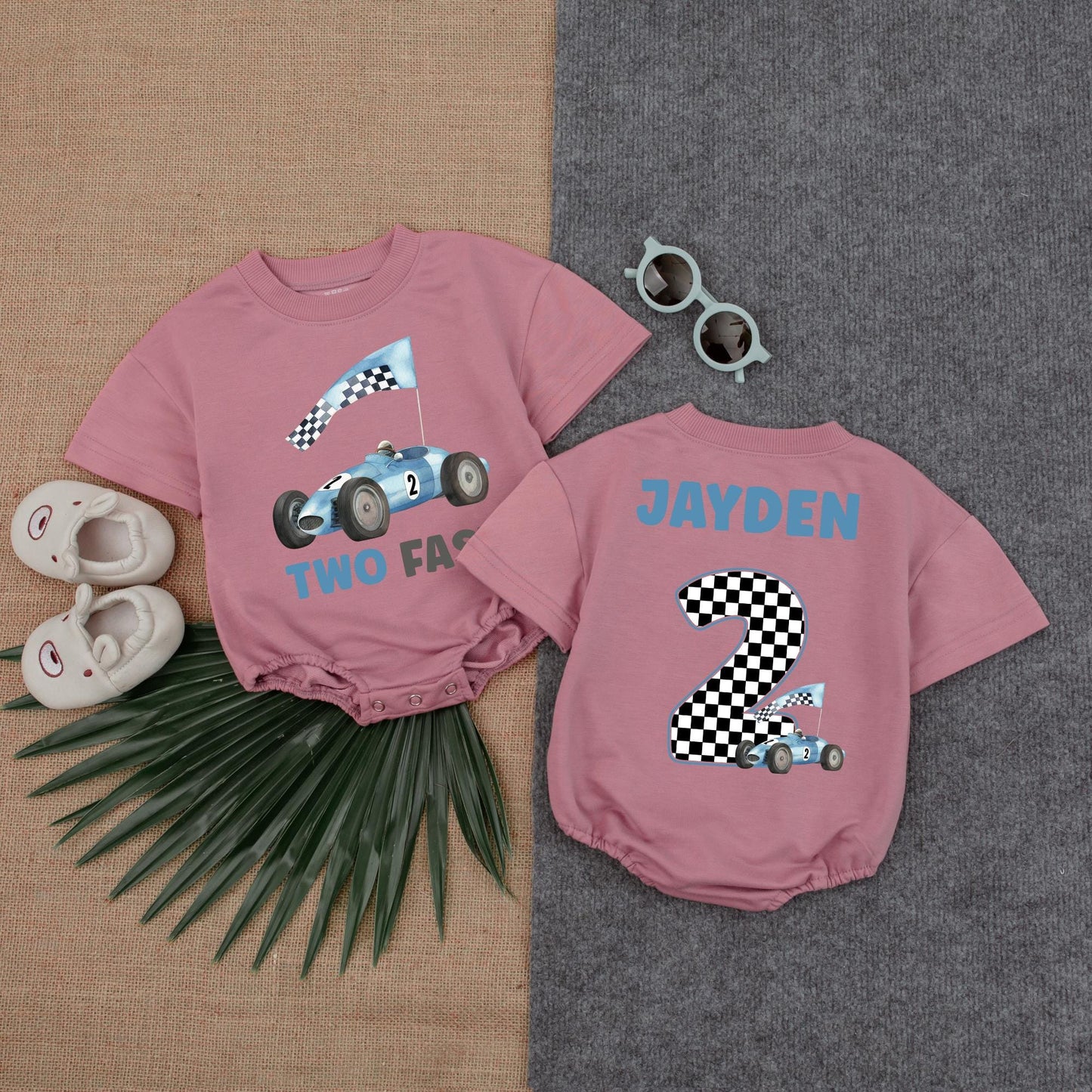 Two Fast Race Car Bubble Romper for a Birthday Boy, Personalized Gift Toddler Shirt or Sweater Custom Name Race Car Outfit