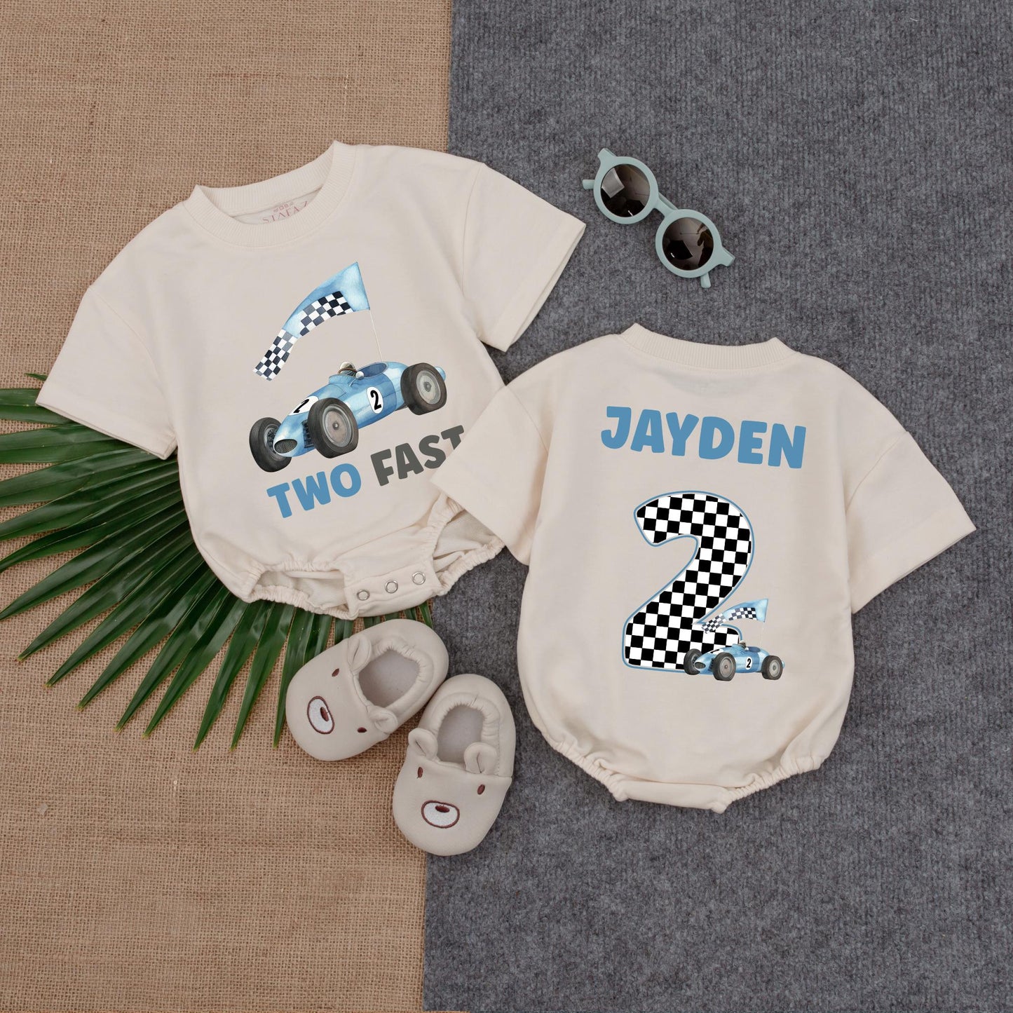 Two Fast Race Car Bubble Romper for a Birthday Boy, Personalized Gift Toddler Shirt or Sweater Custom Name Race Car Outfit