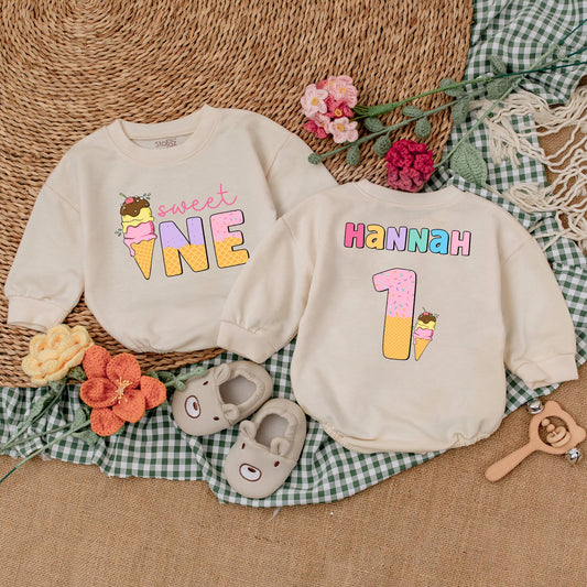 Personalized Sweet One Ice Cream Romper Girl First Birthday Outfit Baby Ice Cream Party Outfit Custom Name Ice Cream Bodysuit