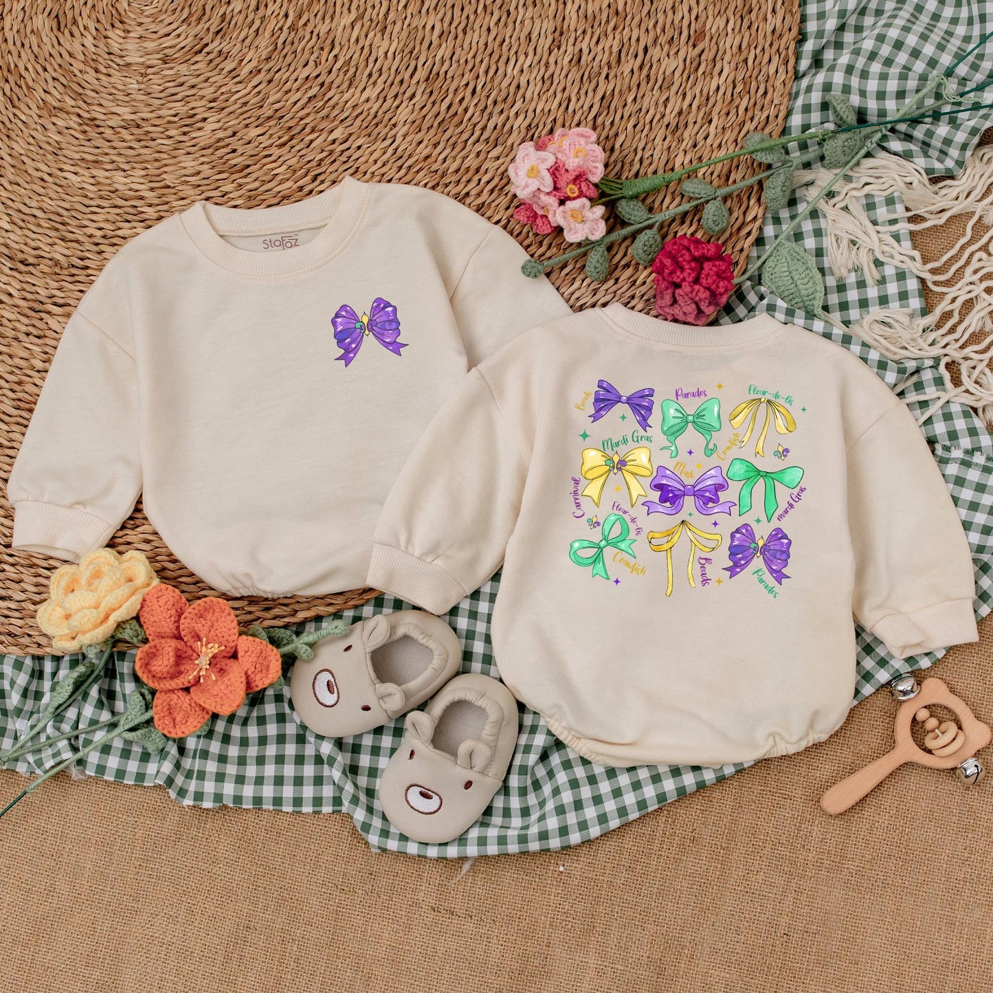 Mardi Gras Baby Girl Romper Outfit with Bow, Cute Bodysuit Bubble Romper, Festive Shower Gift Idea, Retro Mardi Gras Baby Clothes