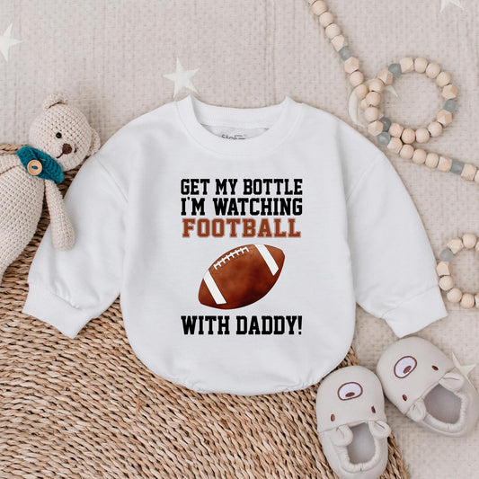 Get My Bottle I'm Watching Football with Daddy Bubble Romper Sports Baby Clothes Game Day Outfit for Little Fan