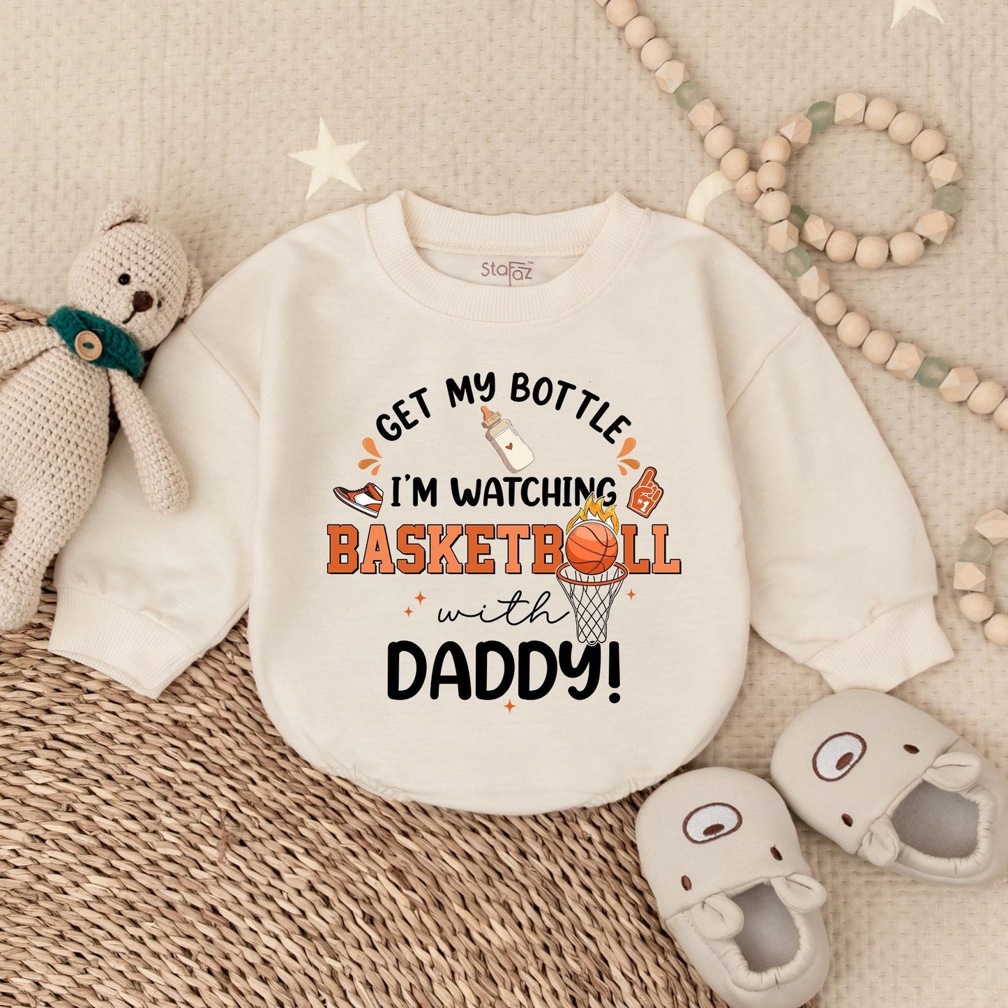 Get My Bottle Watching Basketball with Daddy Bubble Romper Football Baby Bodysuit Game Day Outfit Sports Football Baby Clothes