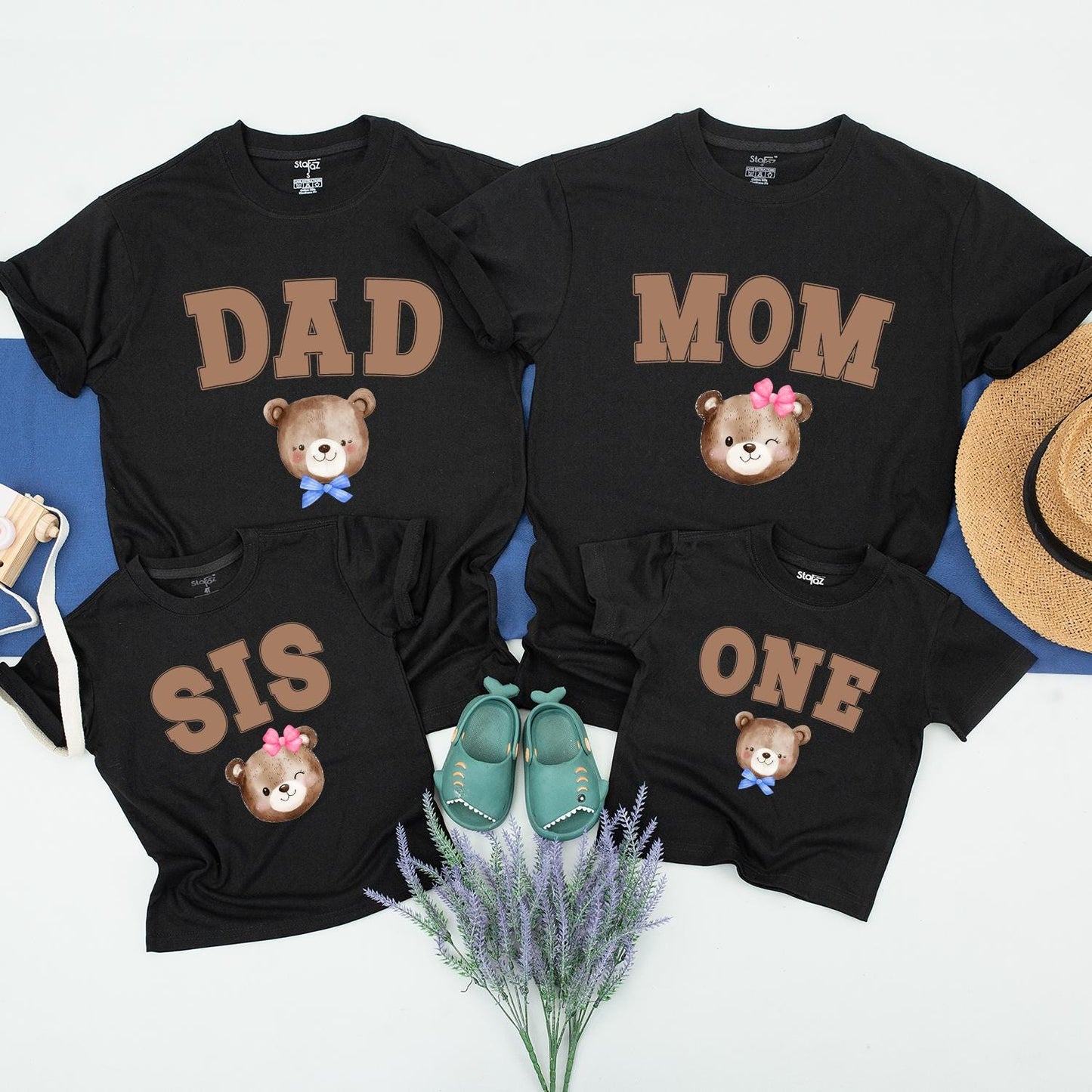 Beary Cute Family Birthday Shirts, Brown Shadow Text Dad Mom Bro One & Watercolor Teddy Bears, Matching First Birthday Party Outfits, Fun 1st Birthday Tee