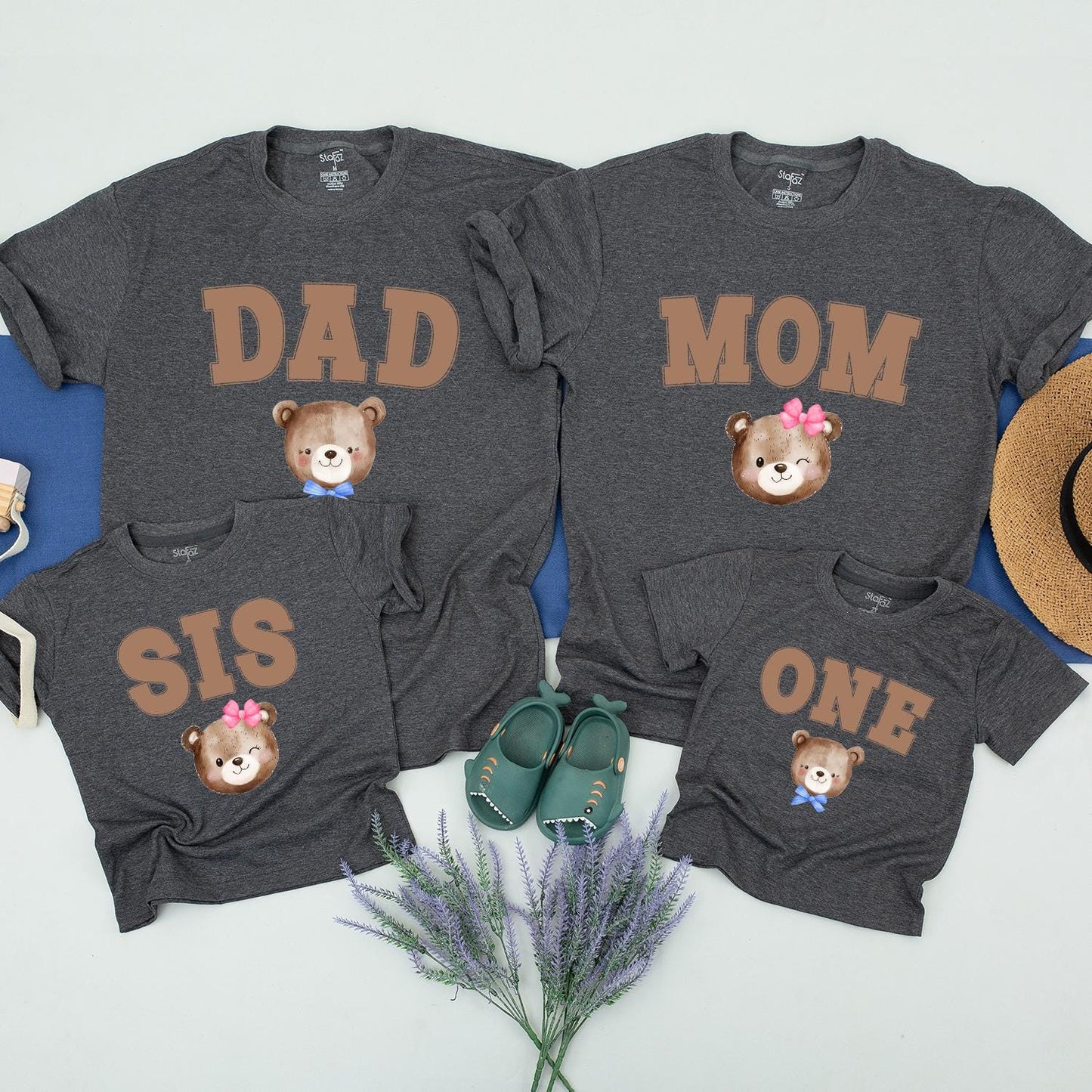Beary Cute Family Birthday Shirts, Brown Shadow Text Dad Mom Bro One & Watercolor Teddy Bears, Matching First Birthday Party Outfits, Fun 1st Birthday Tee