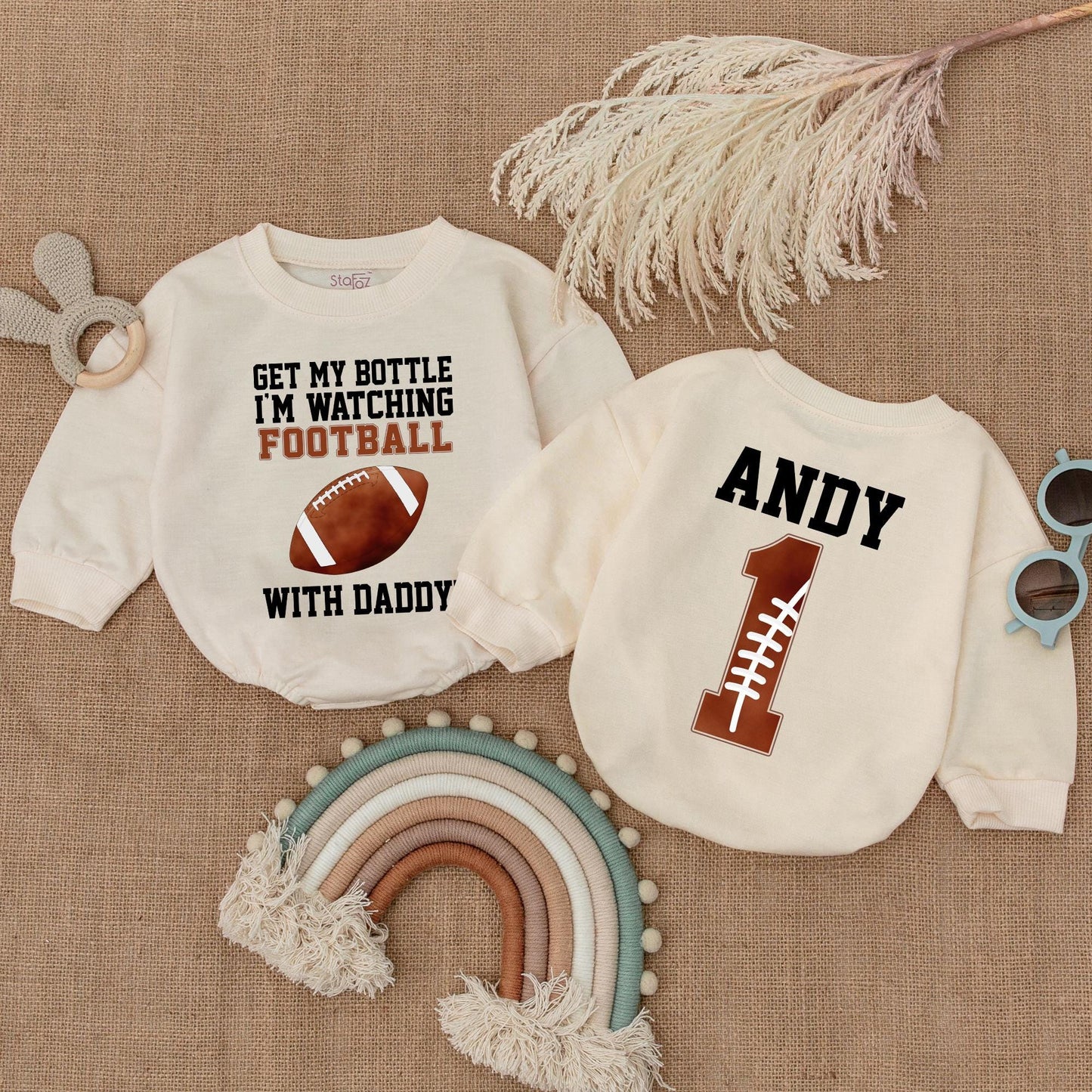 Get My Bottle I'm Watching Football with Daddy Baby Boy Bubble Romper Game Day Outfit Newborn Sports Football Clothes