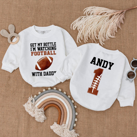 Get My Bottle I'm Watching Football with Daddy Baby Boy Bubble Romper Game Day Outfit Newborn Sports Football Clothes