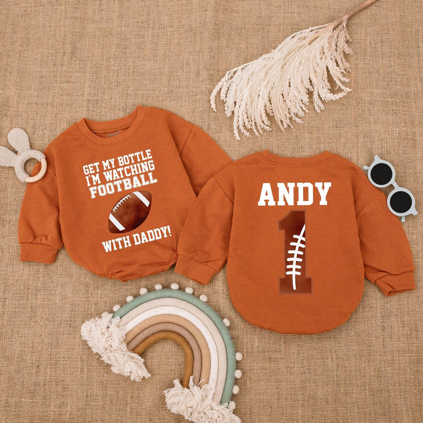 Get My Bottle I'm Watching Football with Daddy Baby Boy Bubble Romper Game Day Outfit Newborn Sports Football Clothes