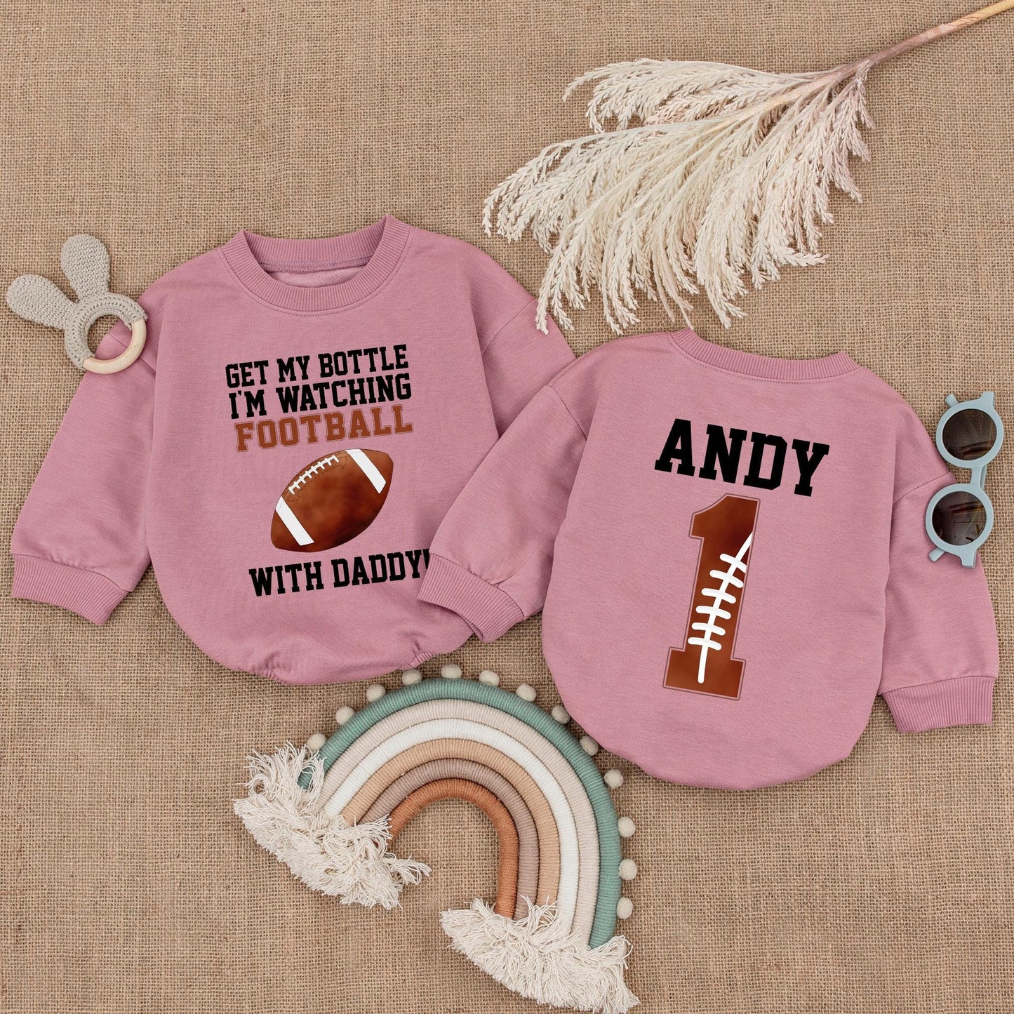 Get My Bottle I'm Watching Football with Daddy Baby Boy Bubble Romper Game Day Outfit Newborn Sports Football Clothes