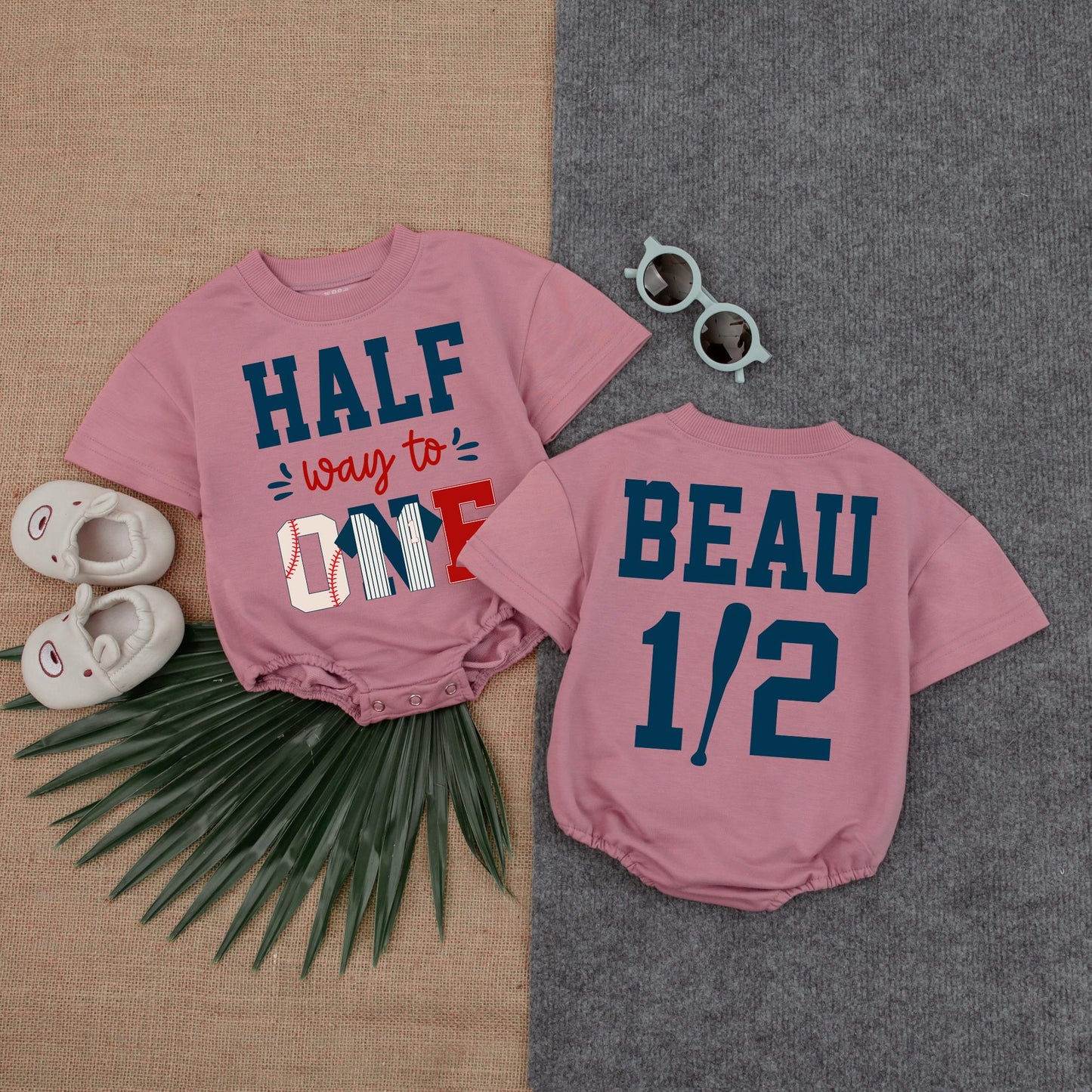 Custom Baseball Half Birthday Romper Short Sleeve Baby Outfit Six Month Baseball Theme Infant Clothes