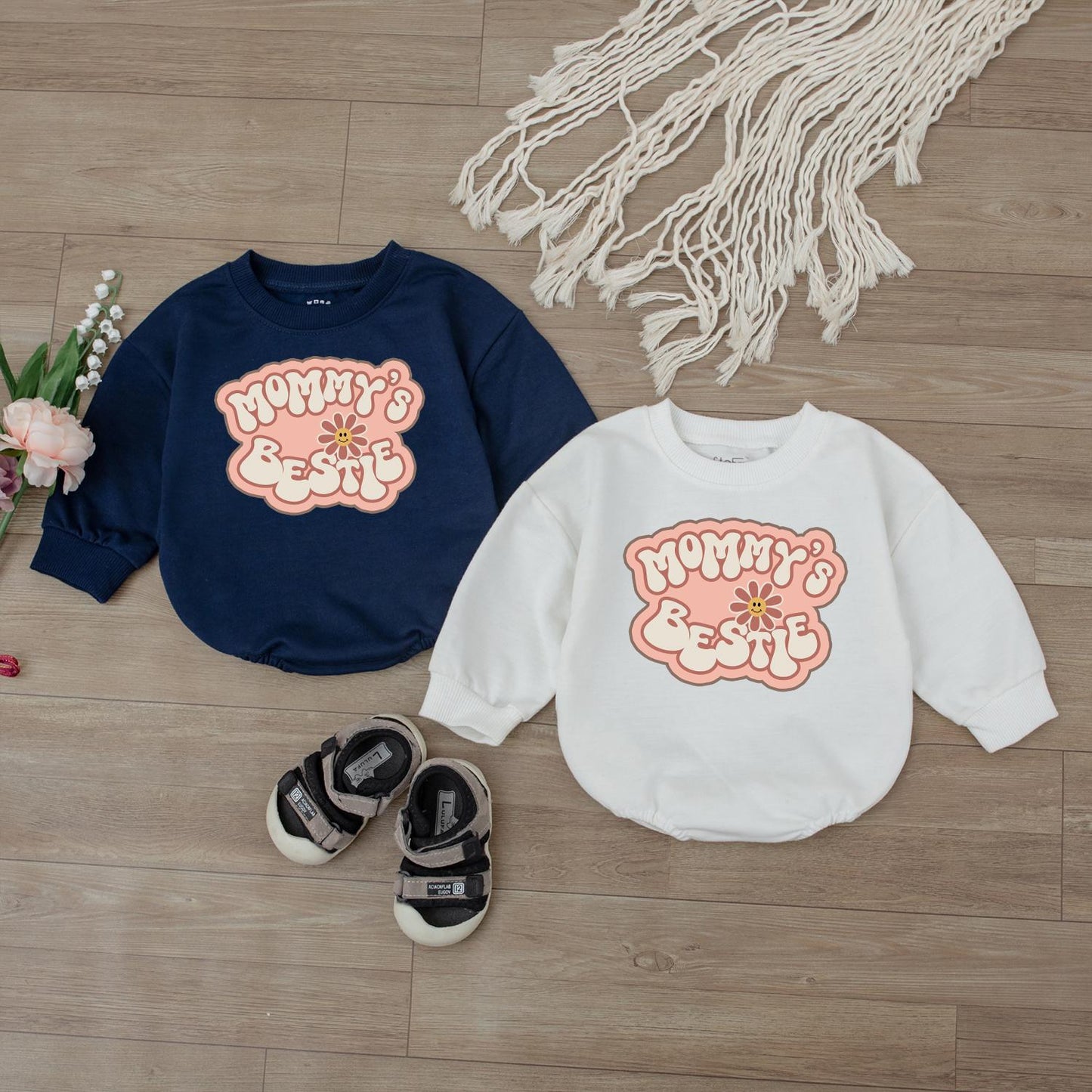 Mommy's Bestie Retro Baby Girl Romper Mama Daughter Clothes I Love Mom Gift Newborn Little Girl Outfit Big Sister