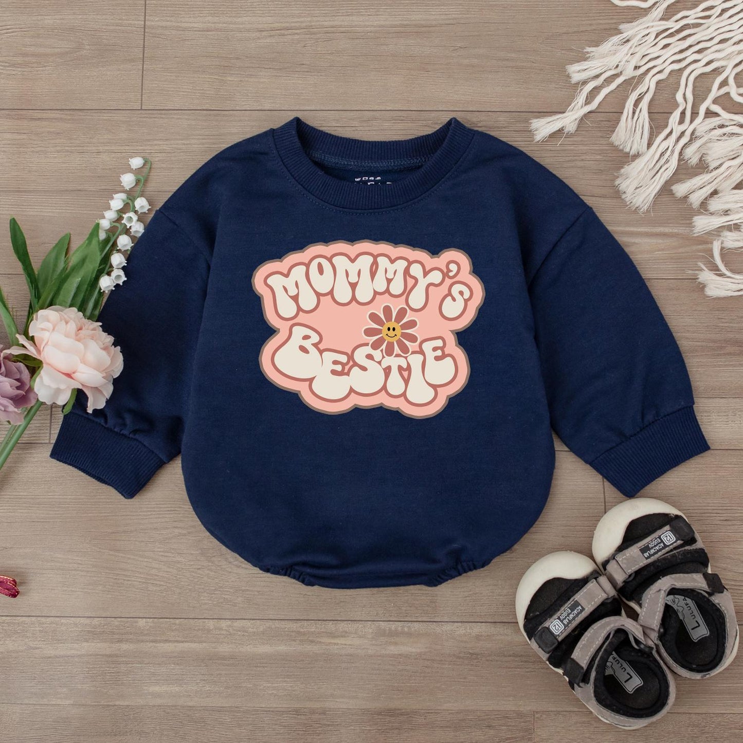 Mommy's Bestie Retro Baby Girl Romper Mama Daughter Clothes I Love Mom Gift Newborn Little Girl Outfit Big Sister