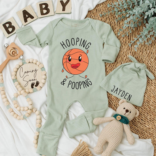 Hooping & Pooping Basketball Baby Bodysuit Cute Cartoon Outfit Baby Shower Gift Going Home Newborn Clothing
