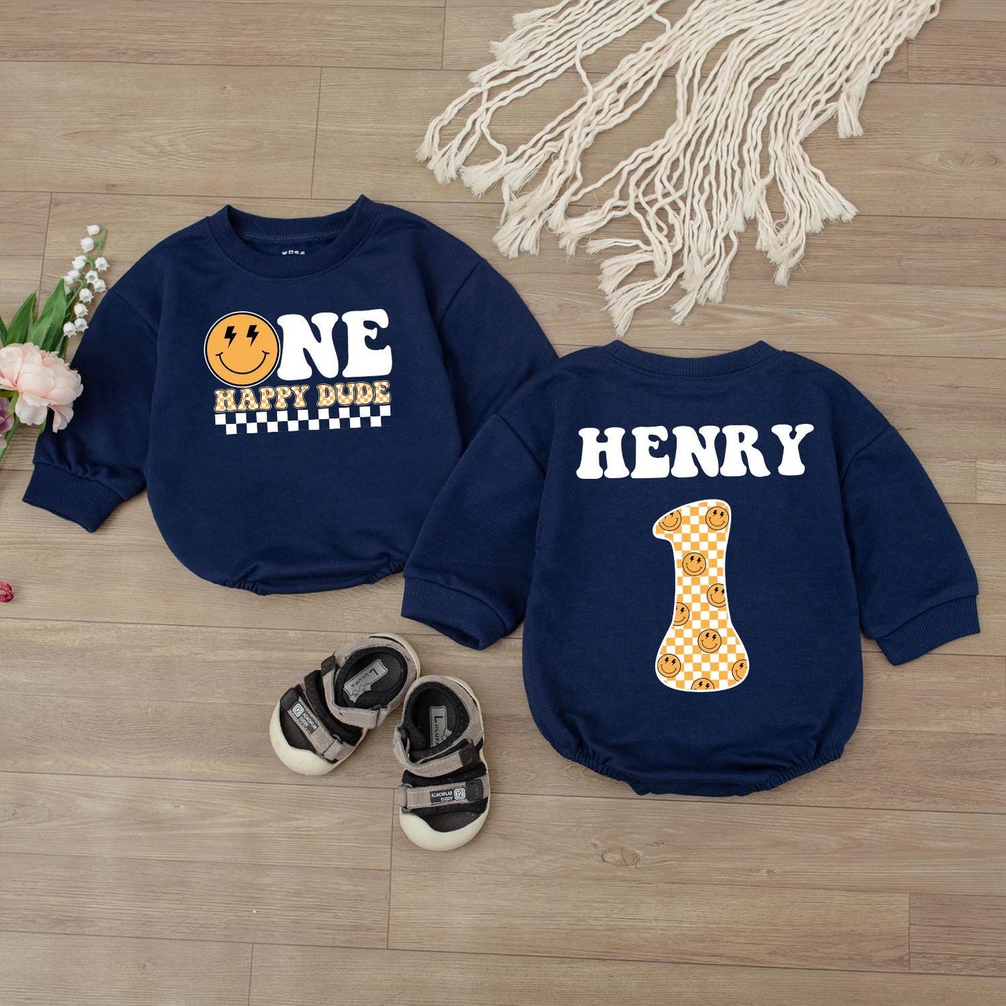 One Happy Dude Birthday Bodysuit for Boys First Birthday Smiley Face Outfit Custom Name Toddler Baby Clothes