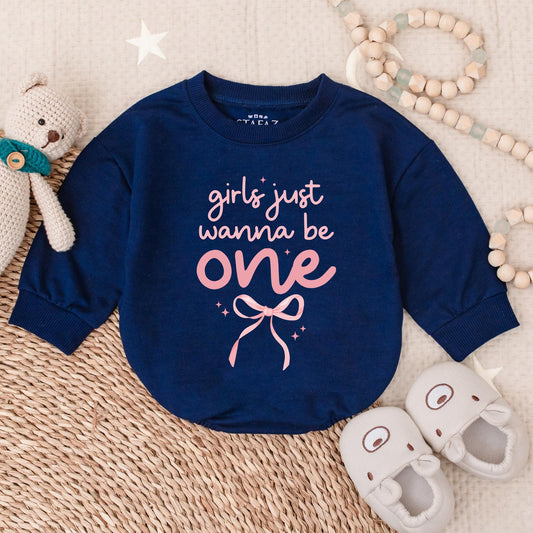 Girls Just Wanna Be One" Pink Bow First Birthday Bubble Romper Outfit Baby Girl Onederful Party Celebration Soft Cotton Cake Smash Gift