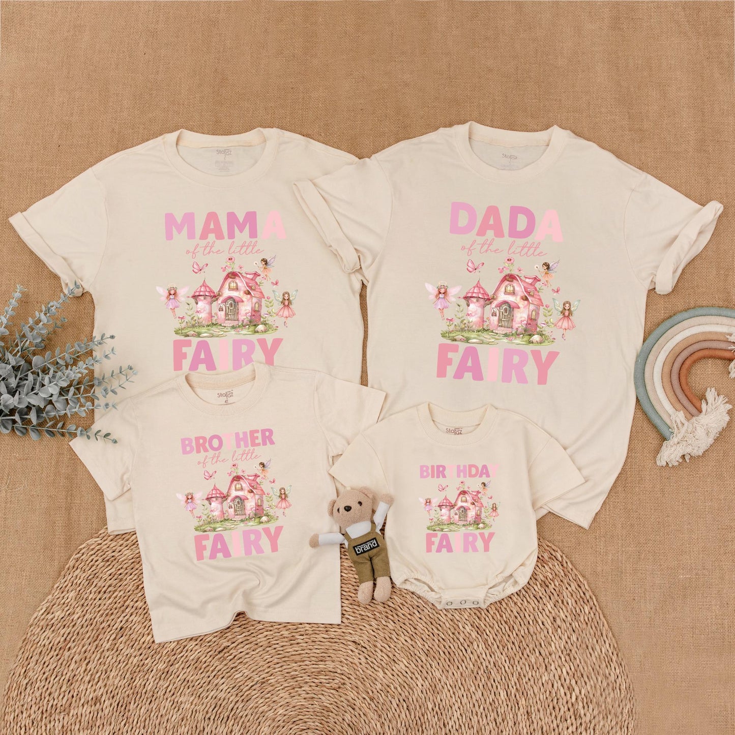 Whimsical Fairy Birthday Family Matching Shirts for First Birthday Girl, Pink Fairy House & Delicate Butterflies, Soft Green Foliage, Pink Green Brown