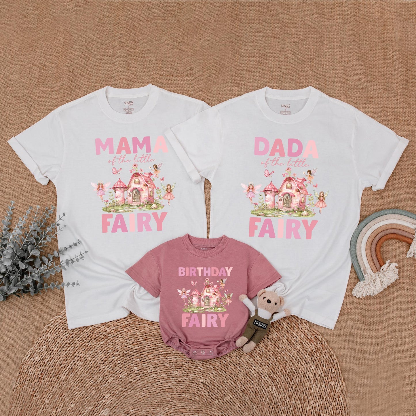 Whimsical Fairy Birthday Family Matching Shirts for First Birthday Girl, Pink Fairy House & Delicate Butterflies, Soft Green Foliage, Pink Green Brown