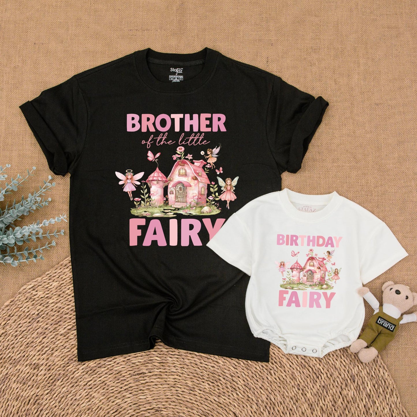 Whimsical Fairy Birthday Family Matching Shirts for First Birthday Girl, Pink Fairy House & Delicate Butterflies, Soft Green Foliage, Pink Green Brown