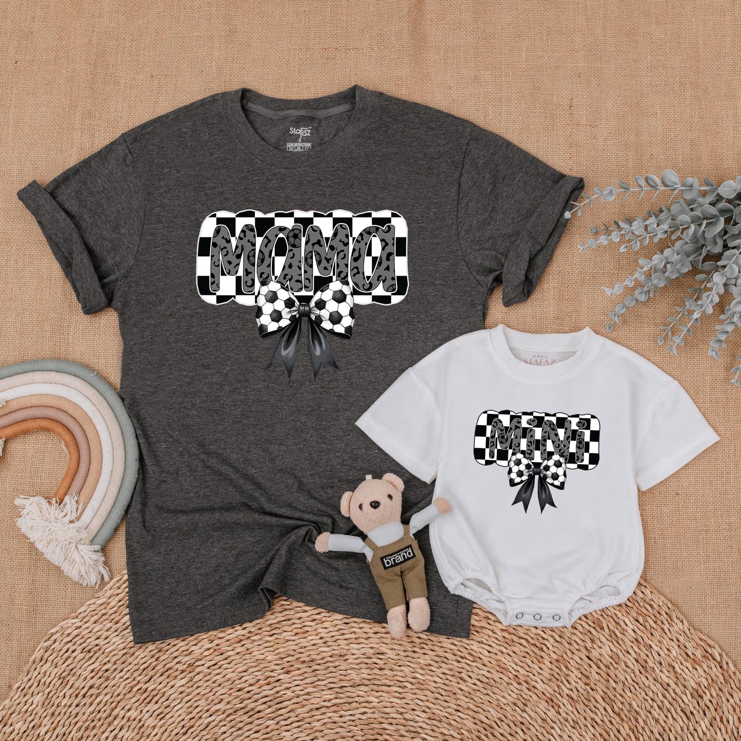 Retro Soccer Mama and Mini Matching Shirts Gray Leopard Bow Checkered Soccer Mama Mommy and Me Game Day Outfits