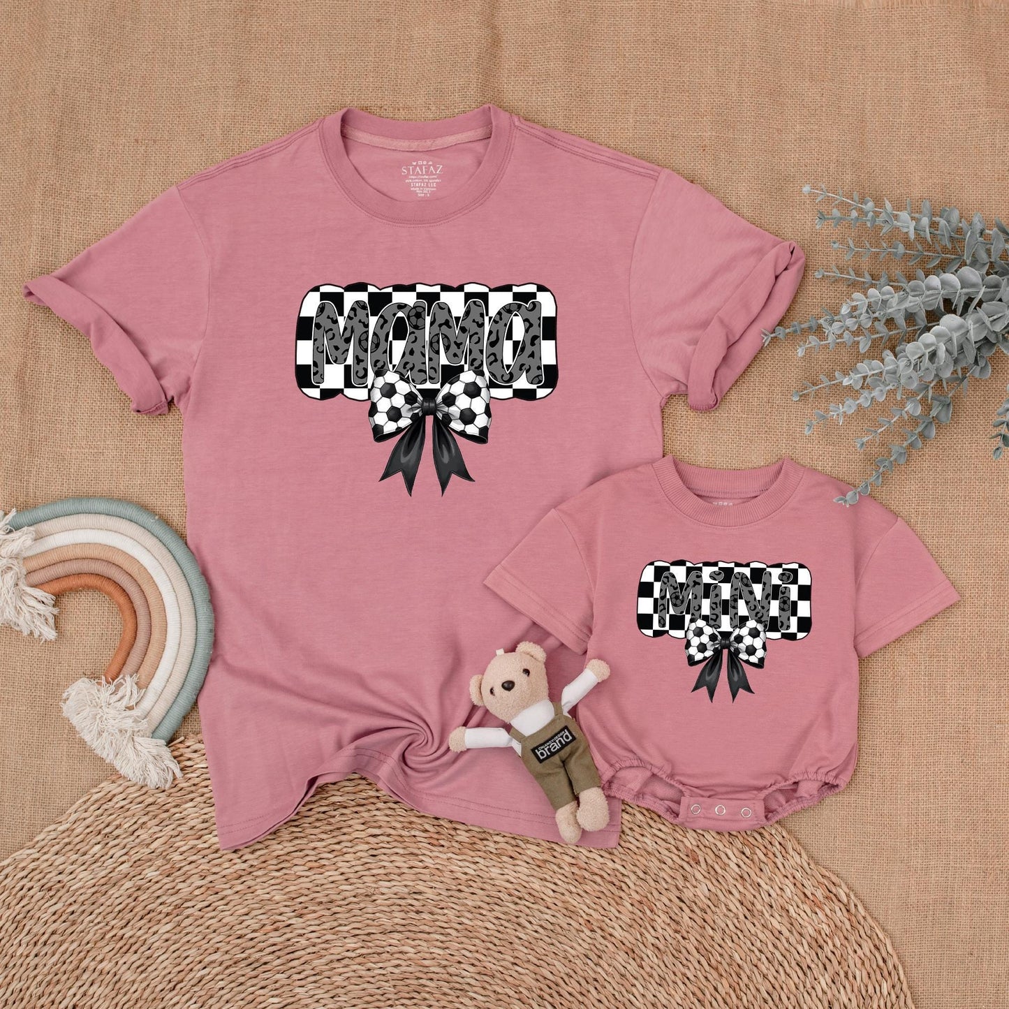 Retro Soccer Mama and Mini Matching Shirts Gray Leopard Bow Checkered Soccer Mama Mommy and Me Game Day Outfits