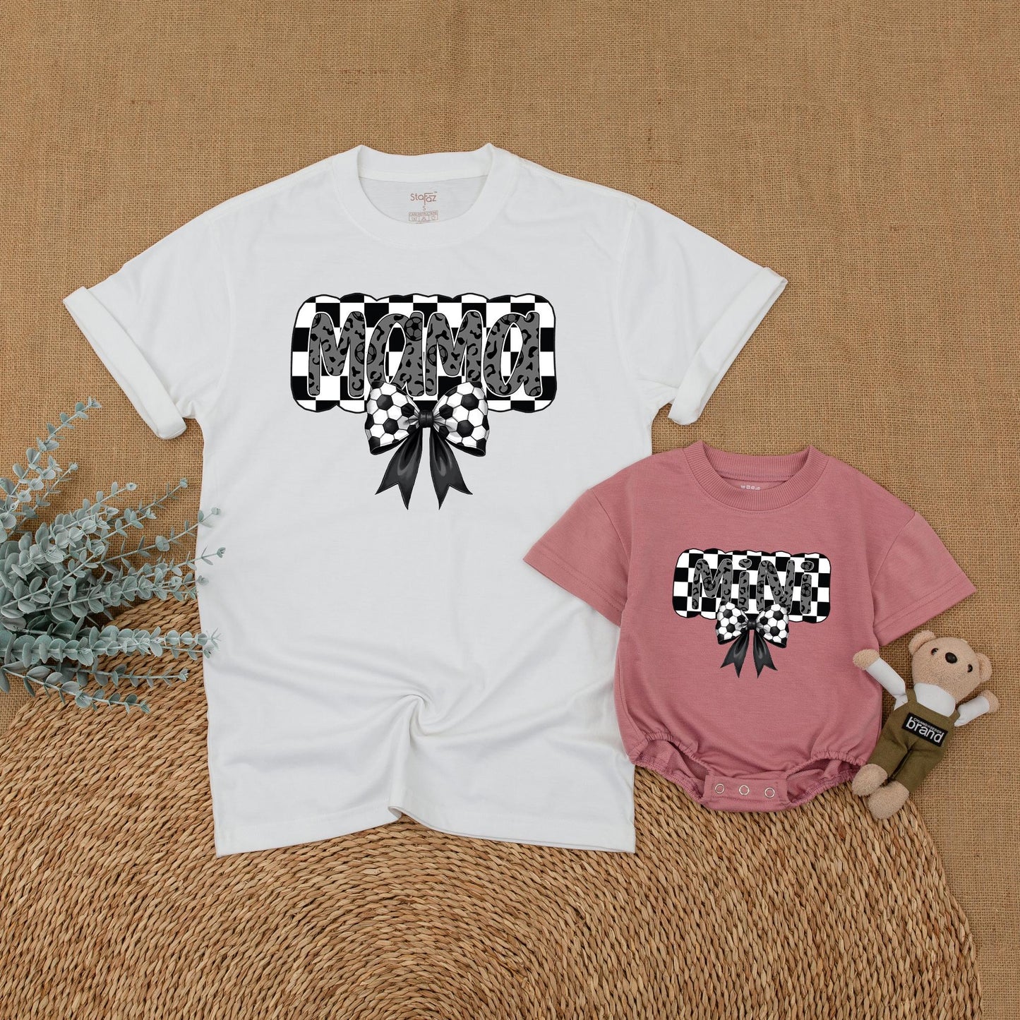 Retro Soccer Mama and Mini Matching Shirts Gray Leopard Bow Checkered Soccer Mama Mommy and Me Game Day Outfits